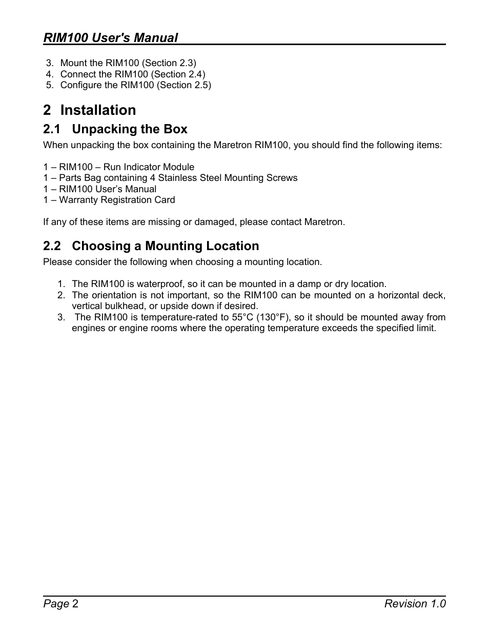 2 installation, 1 unpacking the box, 2 choosing a mounting location | Installation, Unpacking the box, Choosing a mounting location, Rim100 user's manual | Maretron Run Indicator Module RIM100 User Manual | Page 6 / 17