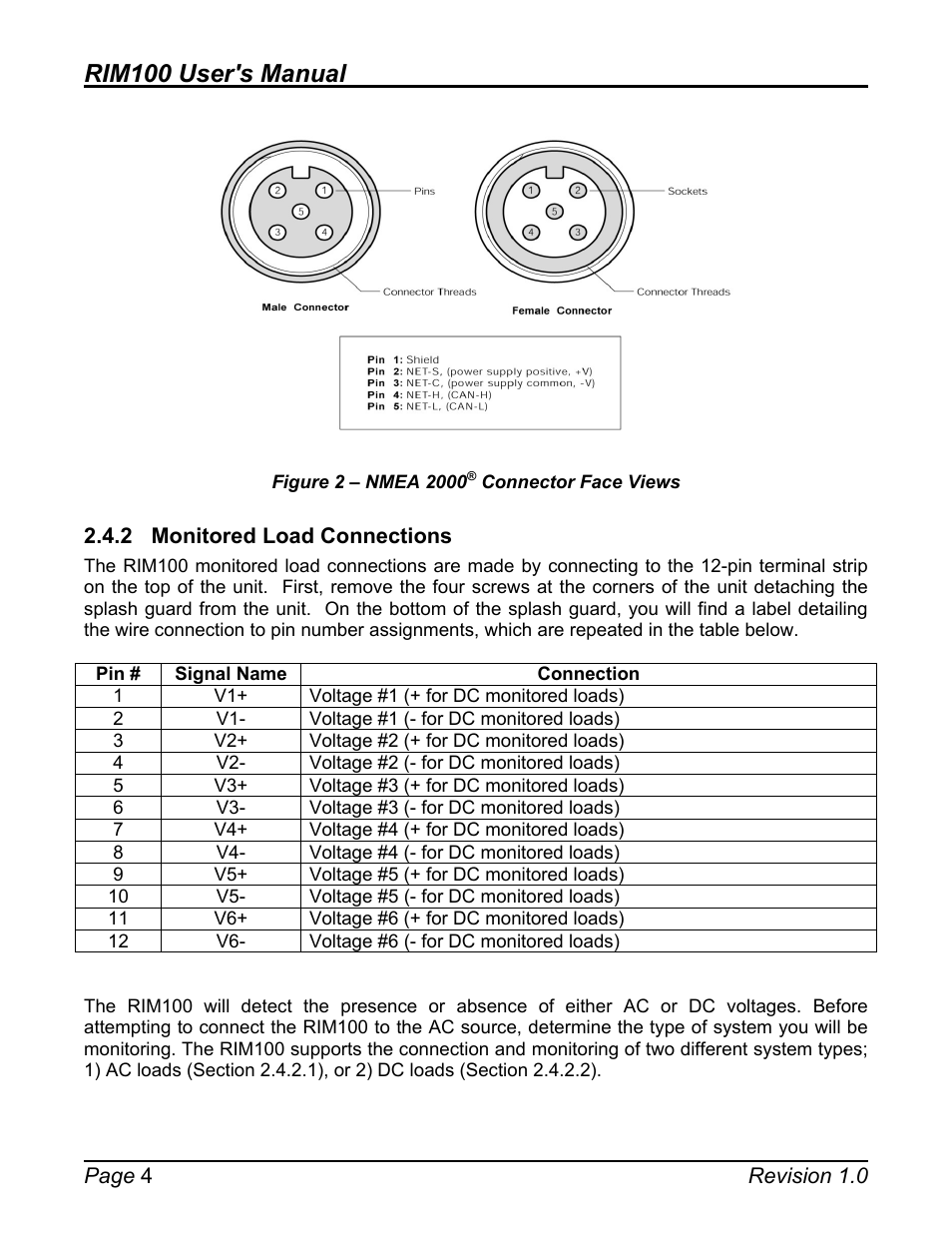 2 monitored load connections, Monitored load connections, Figure 2 – nmea 2000 | Connector face views, S, which are described in section 2.4.2, Figure 2). you connect the rim100 to an, Rim100 user's manual | Maretron Run Indicator Module RIM100 User Manual | Page 8 / 17