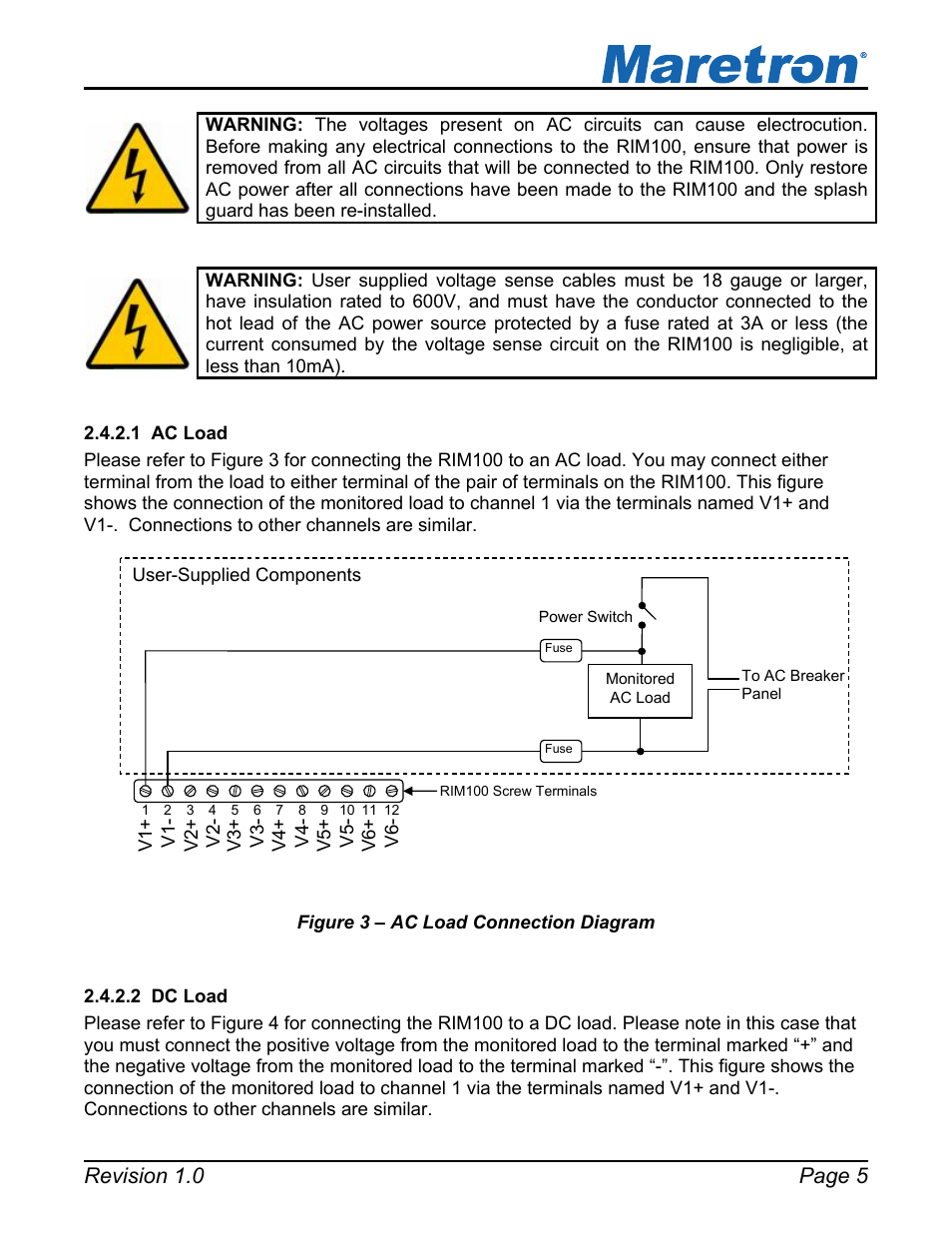 1 ac load, 2 dc load, Ac load | Dc load, Figure 3 – ac load connection diagram, Revision 1.0 page 5 | Maretron Run Indicator Module RIM100 User Manual | Page 9 / 17