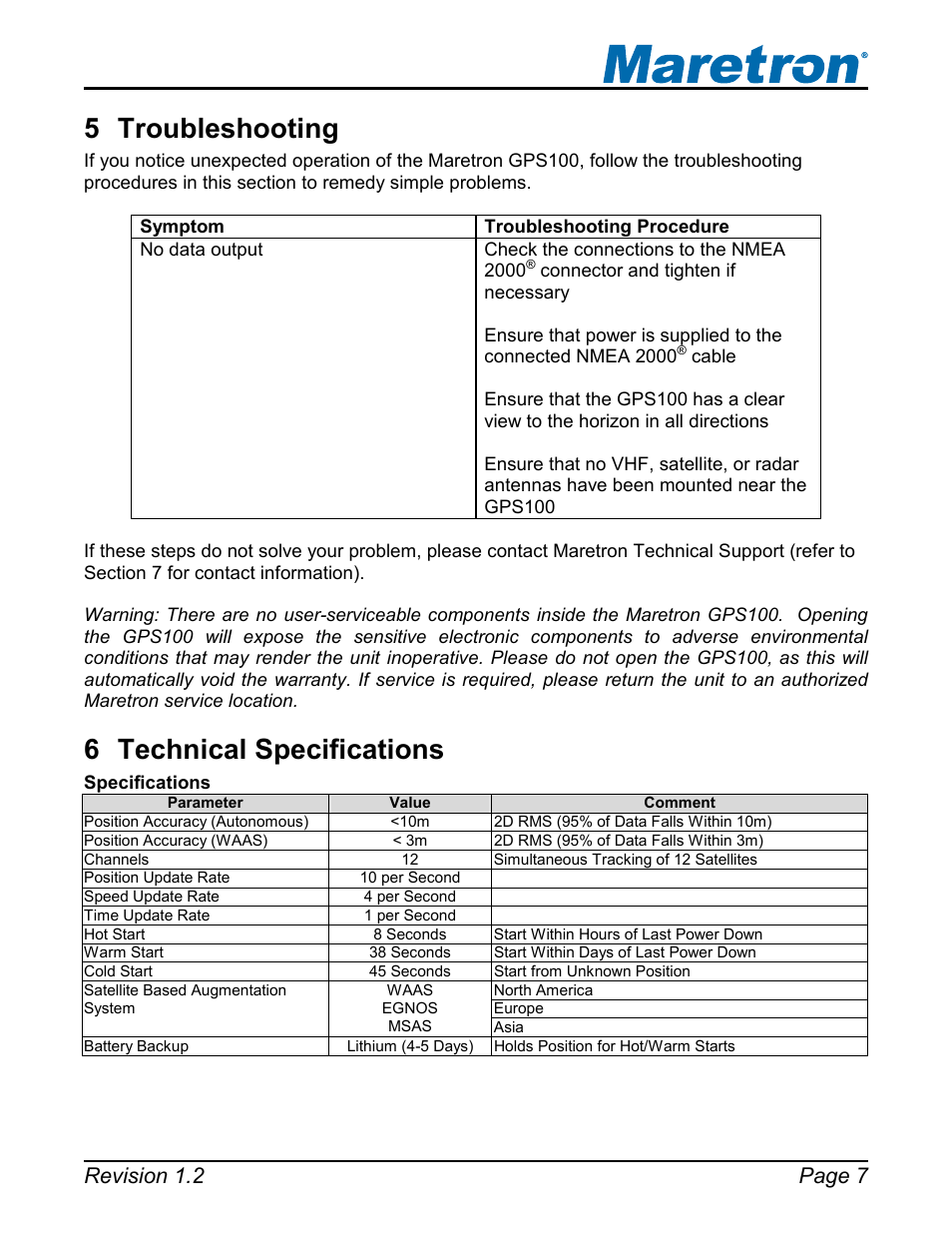 Troubleshooting, Technical specifications, 5 troubleshooting | 6 technical specifications, Revision 1.2 page 7 | Maretron GPS100 User Manual | Page 11 / 25