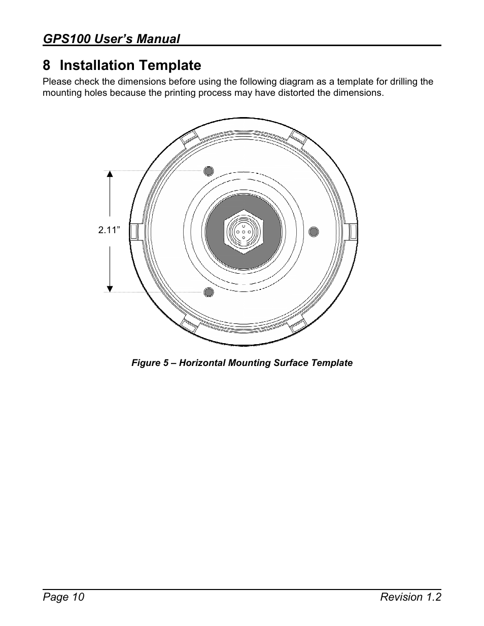 Installation template, Figure 5 – horizontal mounting surface template, 8 installation template | Gps100 user’s manual | Maretron GPS100 User Manual | Page 14 / 25