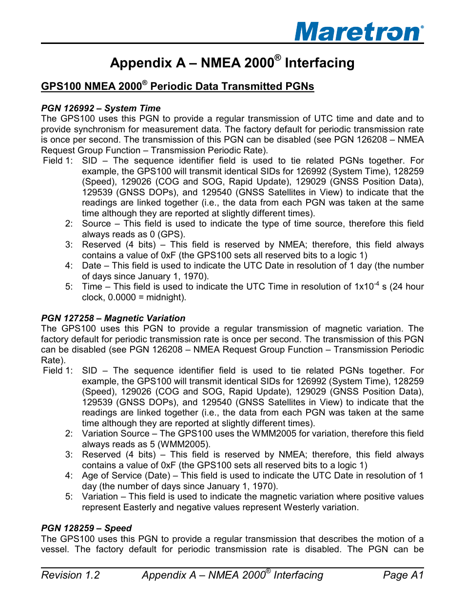 Appendix a – nmea 2000, Interfacing | Maretron GPS100 User Manual | Page 17 / 25