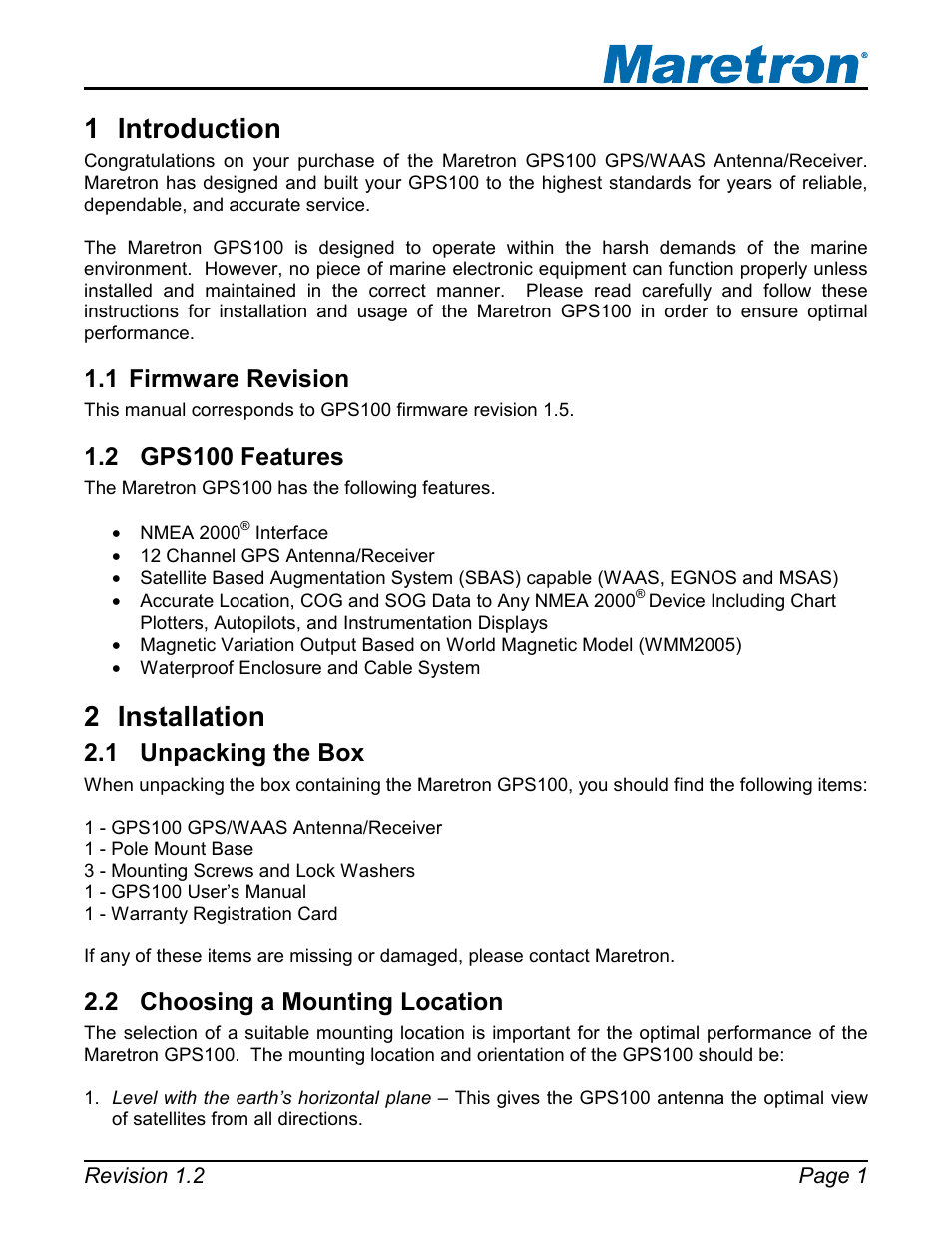Introduction, Firmware revision, Gps100 features | Installation, Unpacking the box, Choosing a mounting location, 1 introduction, 2 installation, 1 firmware revision, 2 gps100 features | Maretron GPS100 User Manual | Page 5 / 25