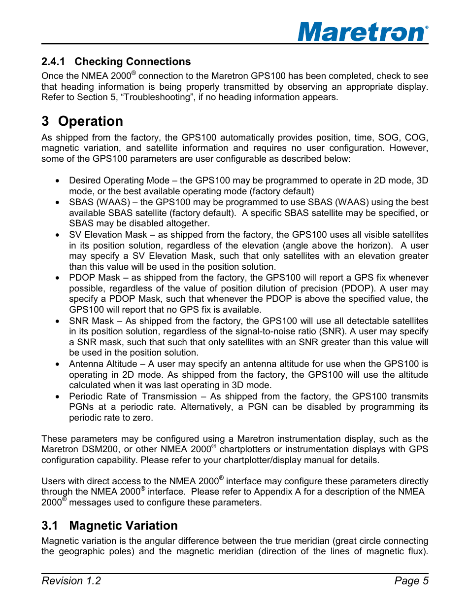 Checking connections, Operation, Magnetic variation | 1 checking connections, Operation 3.1 magnetic variation, 3 operation, 1 magnetic variation | Maretron GPS100 User Manual | Page 9 / 25