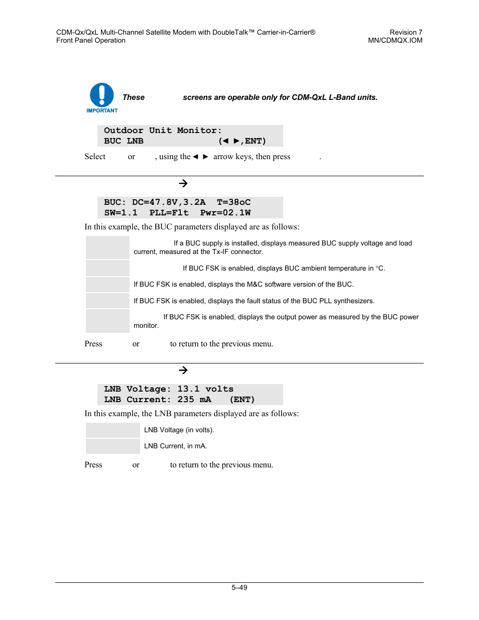 7 monitor: odu, 1 monitor: odu ( buc, 2 monitor: odu ( lnb | 1 monitor: odu æ buc, 2 monitor: odu æ lnb | Mocomtech CDM-QX User Manual | Page 115 / 260