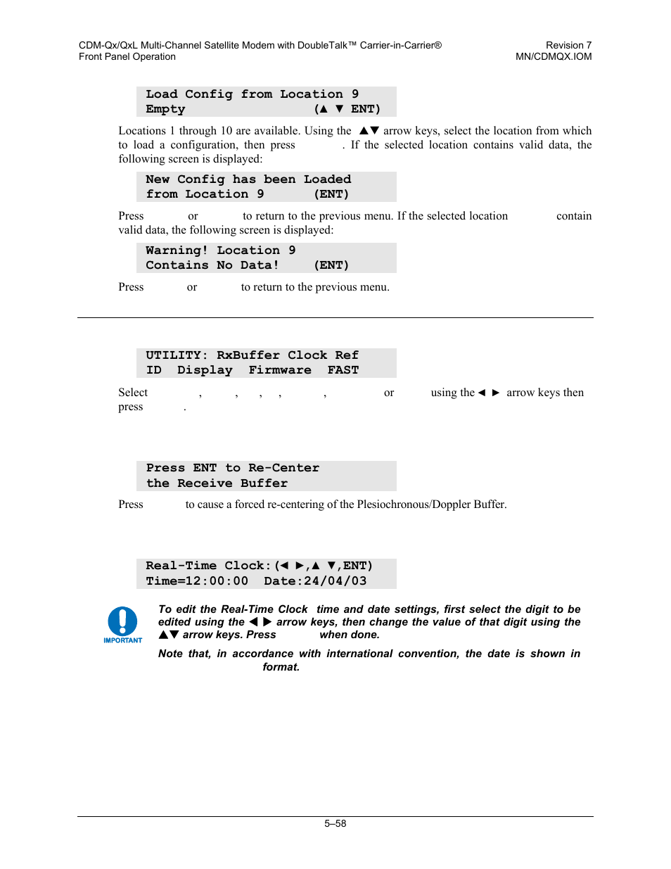 9 (main menu:) utility, 1 utility: rxbuffer, 2 utility: clock | Mocomtech CDM-QX User Manual | Page 124 / 260