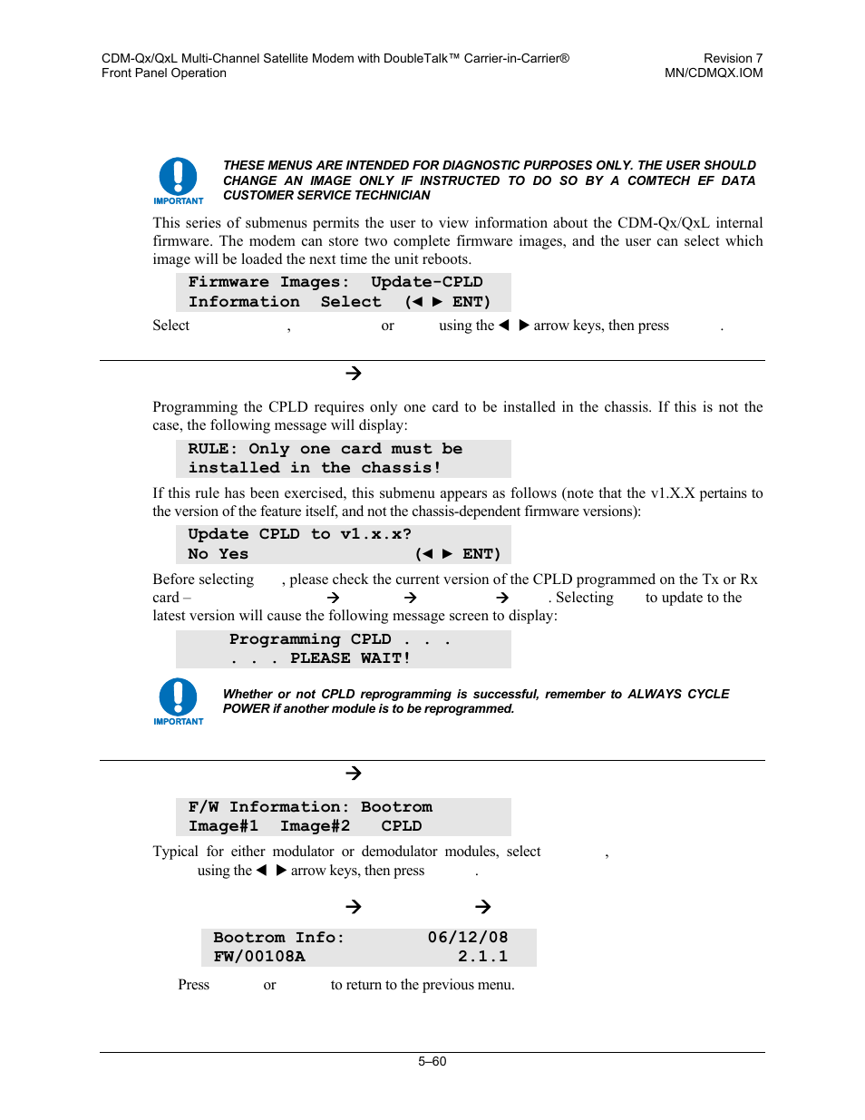 6 utility: firmware, 1 utility: firmware ( update-cpld, 2 utility: firmware ( information | 1 utility: firmware æ update-cpld, 2 utility: firmware æ information, Utility: firmware æ information æ bootrom | Mocomtech CDM-QX User Manual | Page 126 / 260