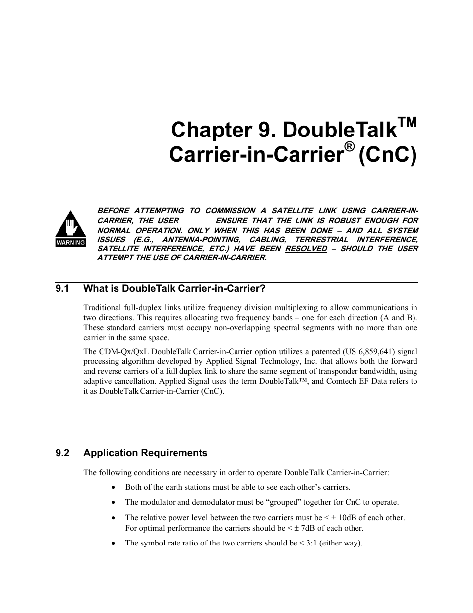 Chapter 9. doubletalktm carrier-in-carrier® (cnc), 1 what is doubletalk carrier-in-carrier, 2 application requirements | Chapter 9. doubletalk, Carrier-in-carrier, Cnc) | Mocomtech CDM-QX User Manual | Page 187 / 260