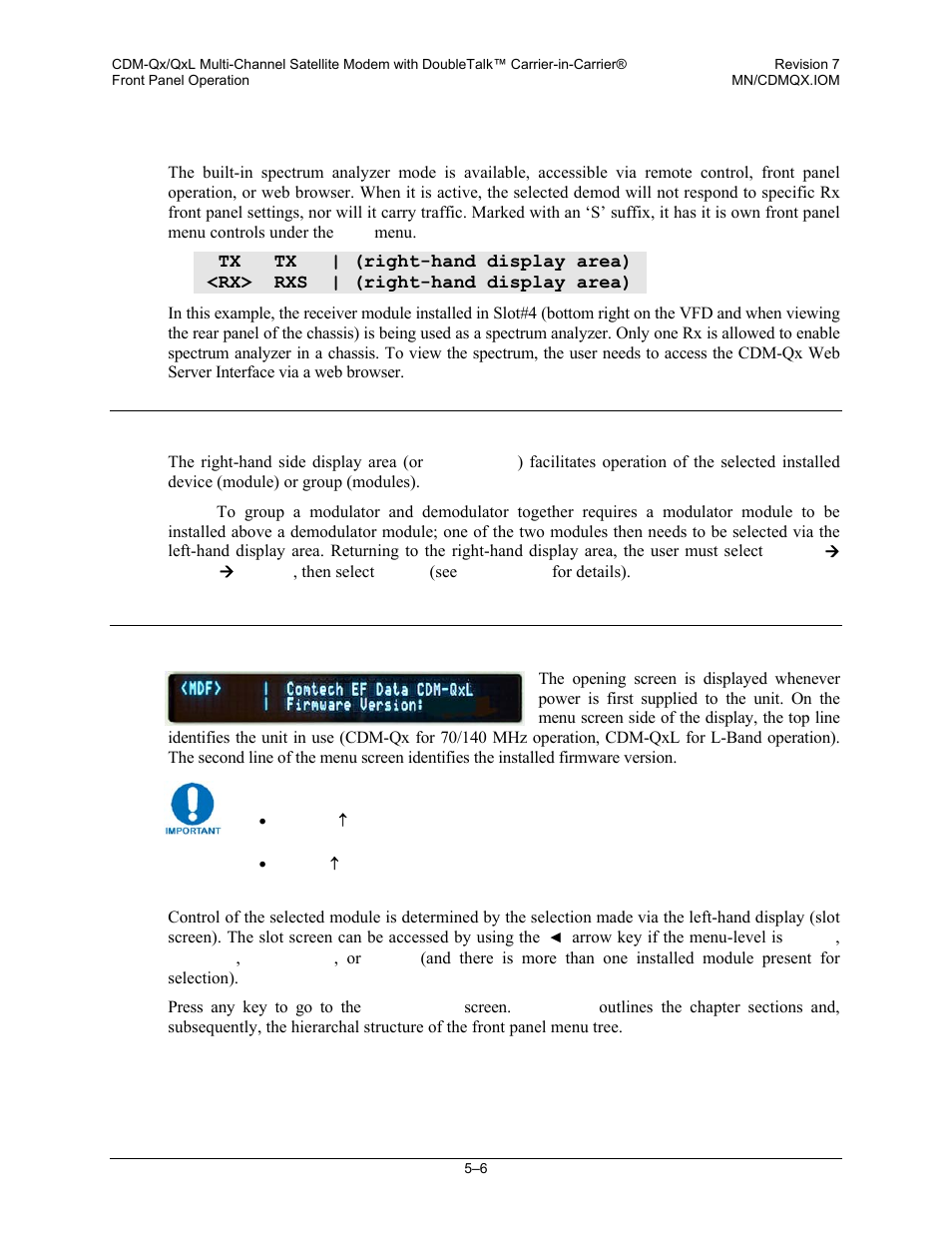 3 spectrum analyzer, 2 vfd – right-hand display area, 2 front panel operation – opening screen | Mocomtech CDM-QX User Manual | Page 72 / 260