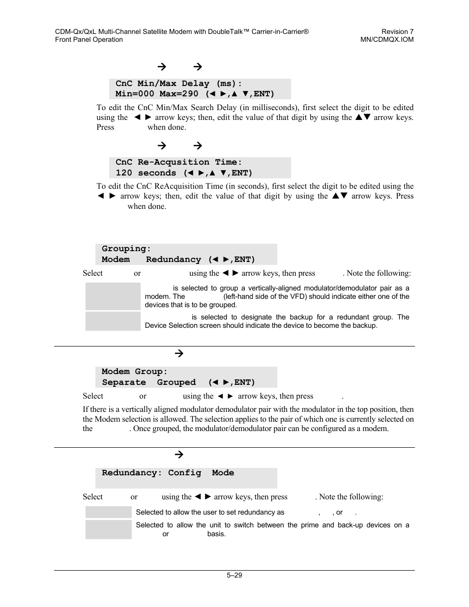 4 config: group, 1 config: group ( modem, 2 config: group ( redundancy | Config: rx æ cnc æ srchdelay, Config: rx æ cnc æ reacq, 1 config: group æ modem, 2 config: group æ redundancy | Mocomtech CDM-QX User Manual | Page 95 / 260
