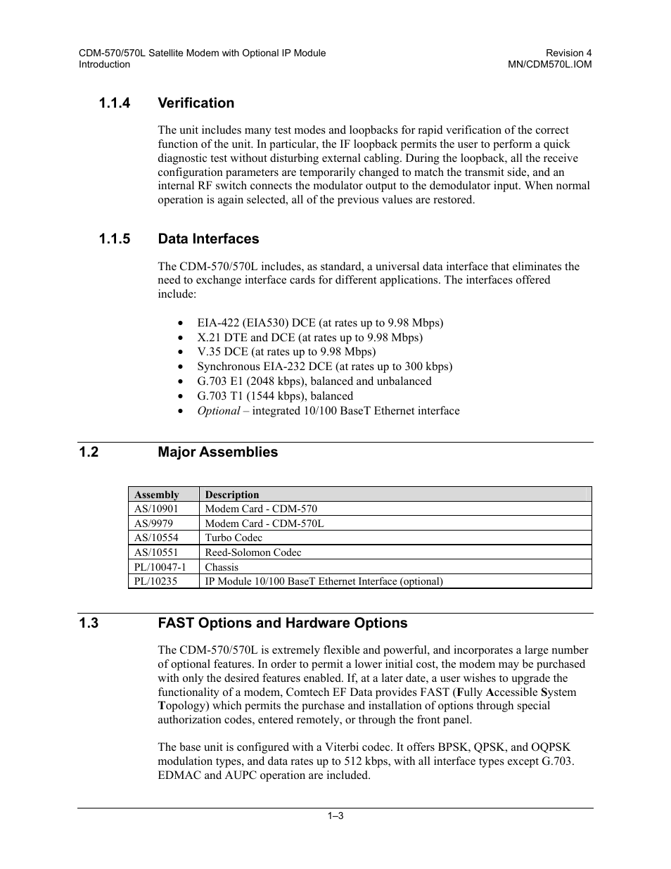 4 verification, 5 data interfaces, 2 major assemblies | 3 fast options and hardware options | Mocomtech CDM-570 User Manual | Page 101 / 452