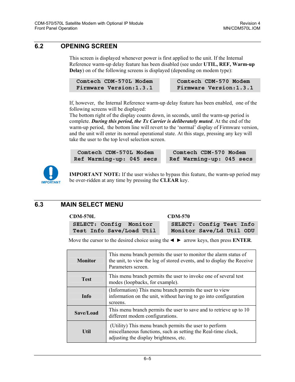 2 opening screen, Main select menu | Mocomtech CDM-570 User Manual | Page 129 / 452