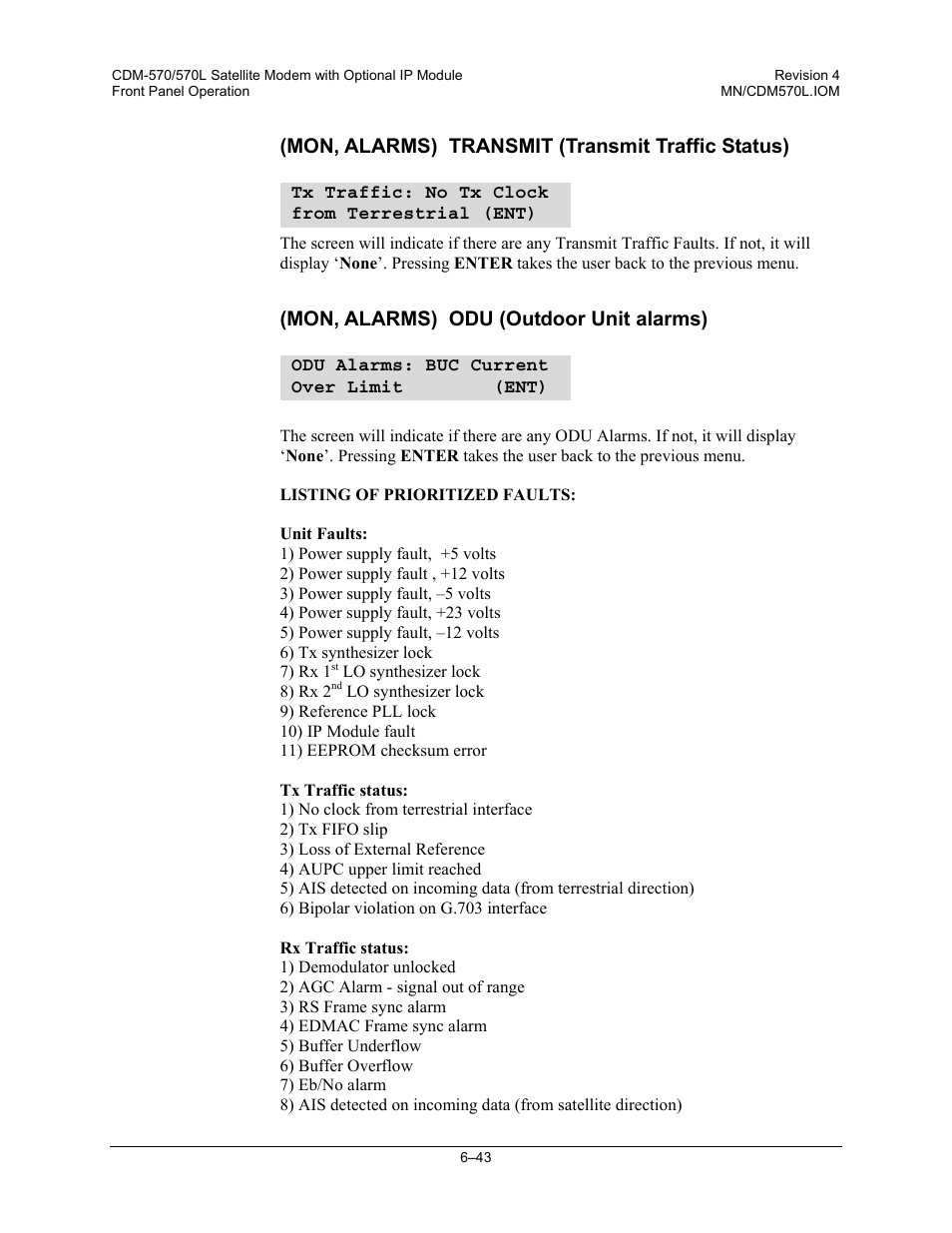 Mon, alarms) transmit (transmit traffic status), Mon, alarms) odu (outdoor unit alarms) | Mocomtech CDM-570 User Manual | Page 167 / 452