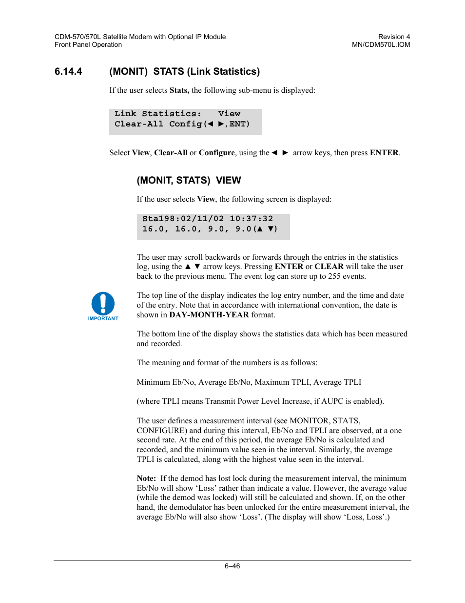 4 (monit) stats (link statistics) | Mocomtech CDM-570 User Manual | Page 170 / 452