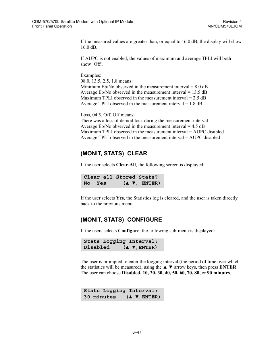 Monit, stats) clear, Monit, stats) configure | Mocomtech CDM-570 User Manual | Page 171 / 452