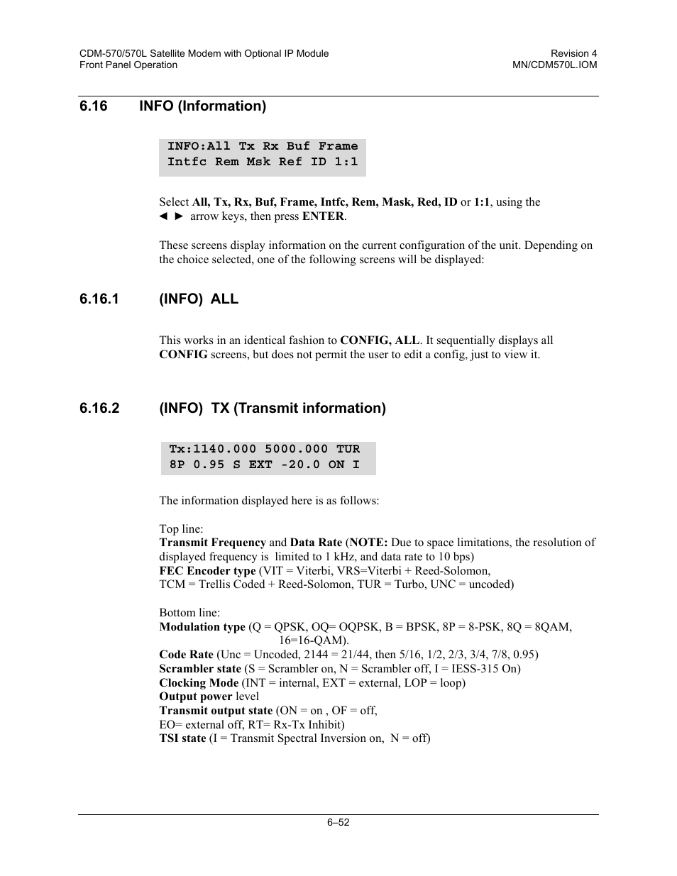 Info (information), 1 (info) all, 2 (info) tx (transmit information) | Mocomtech CDM-570 User Manual | Page 176 / 452