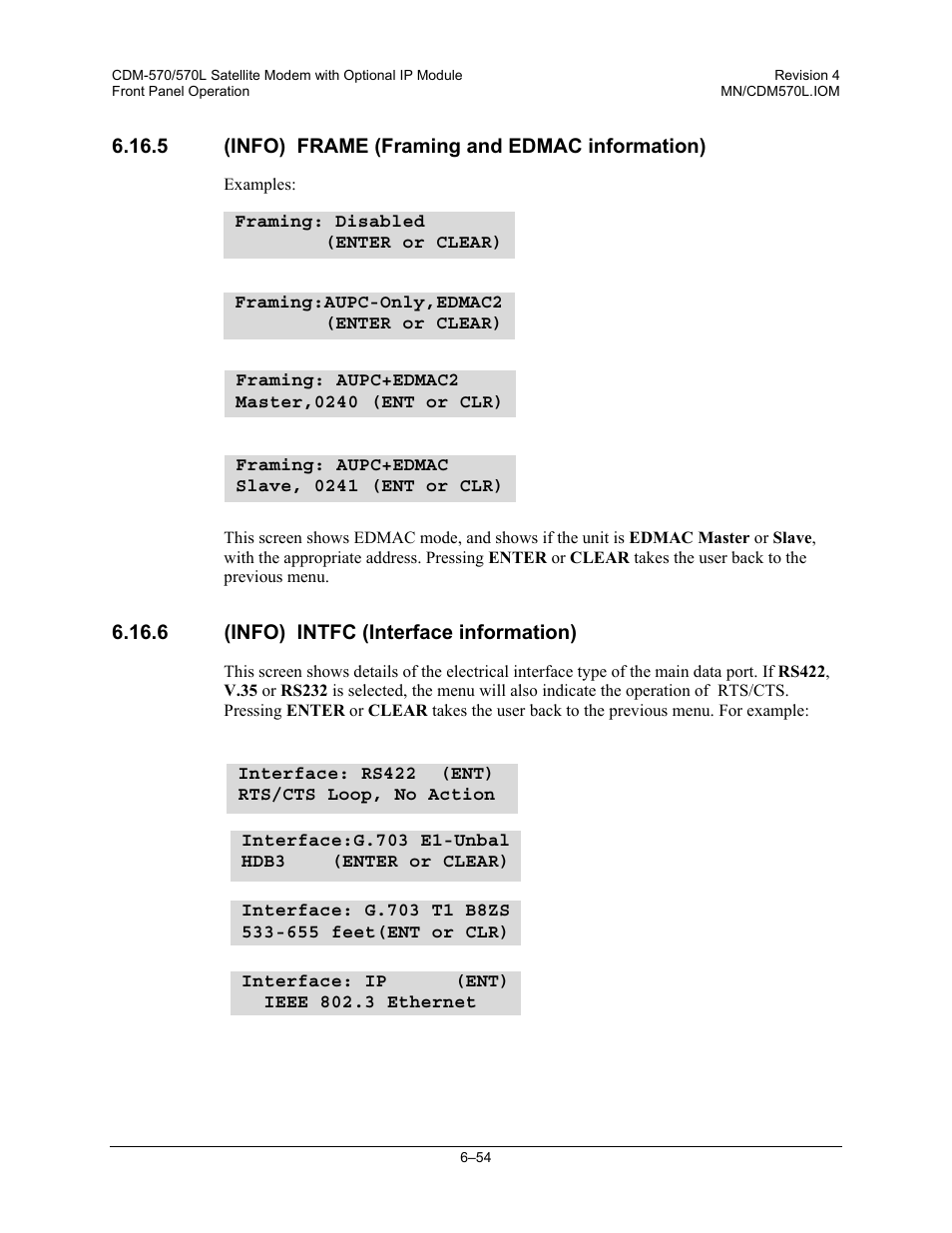 5 (info) frame (framing and edmac information), 6 (info) intfc (interface information) | Mocomtech CDM-570 User Manual | Page 178 / 452
