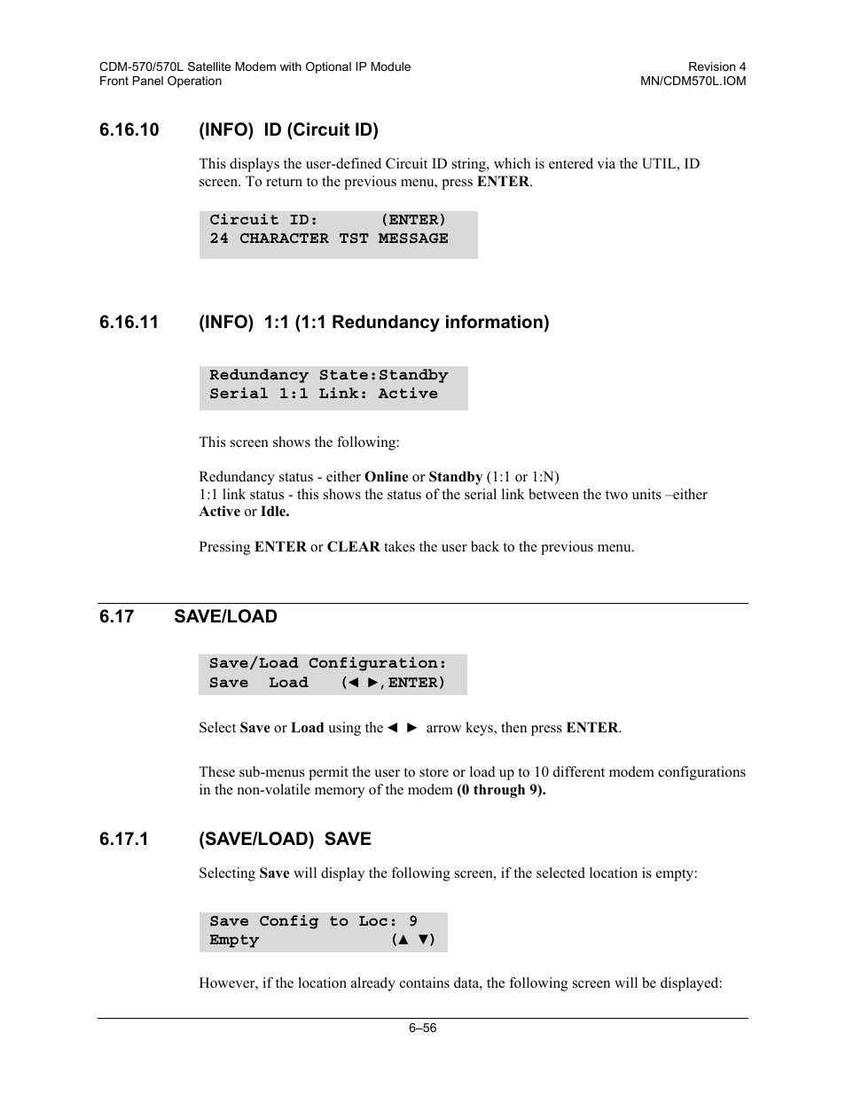 10 (info) id (circuit id), 11 (info) 1:1 (1:1 redundancy information), 17 save/load | 1 (save/load) save | Mocomtech CDM-570 User Manual | Page 180 / 452