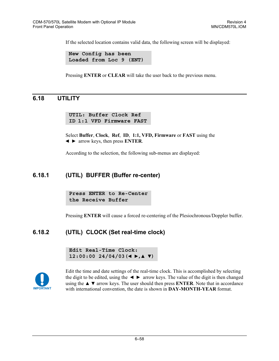 18 utility, 1 (util) buffer (buffer re-center), 2 (util) clock (set real-time clock) | Mocomtech CDM-570 User Manual | Page 182 / 452