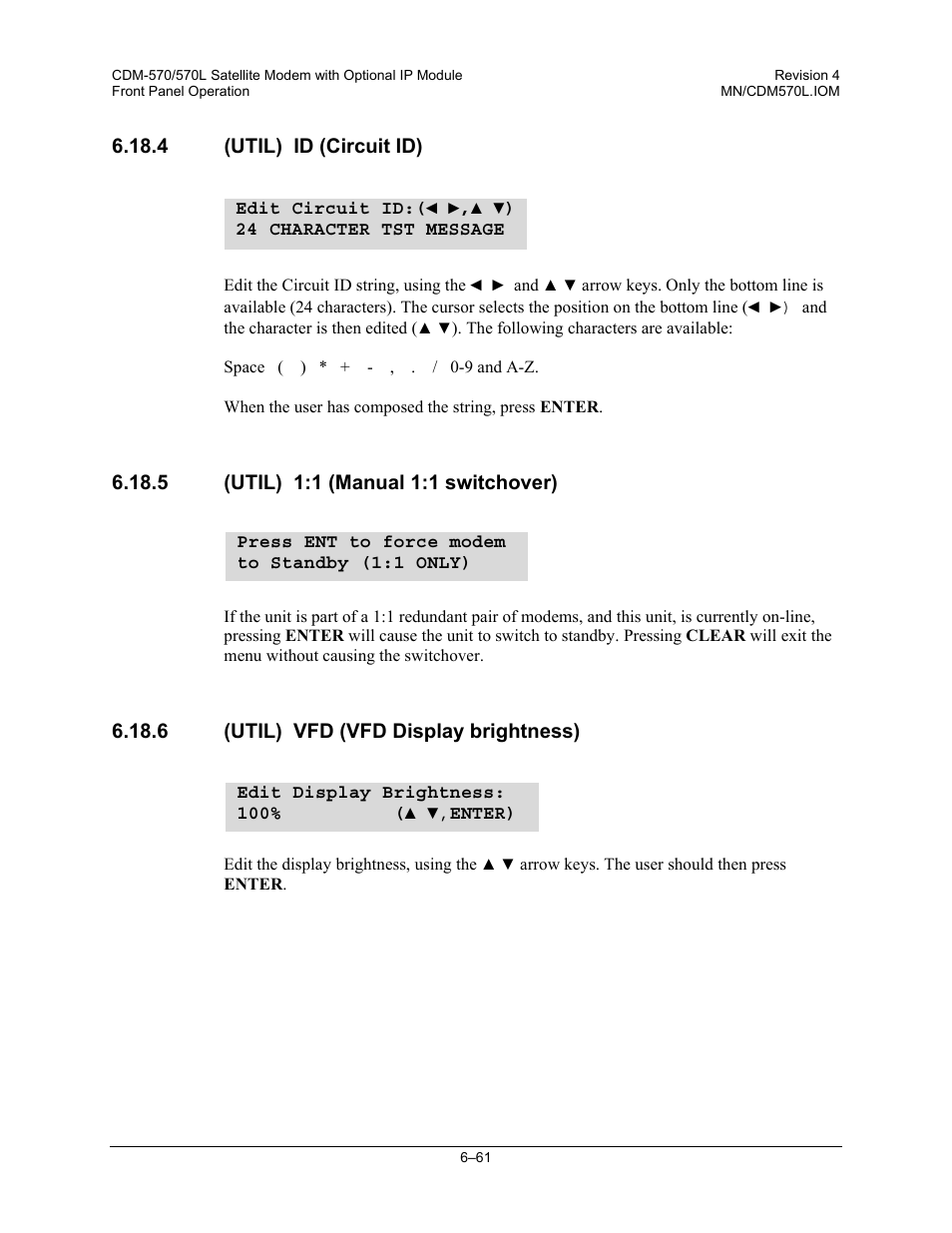 4 (util) id (circuit id), 5 (util) 1:1 (manual 1:1 switchover), Util) vfd (vfd display brightness) | Mocomtech CDM-570 User Manual | Page 185 / 452