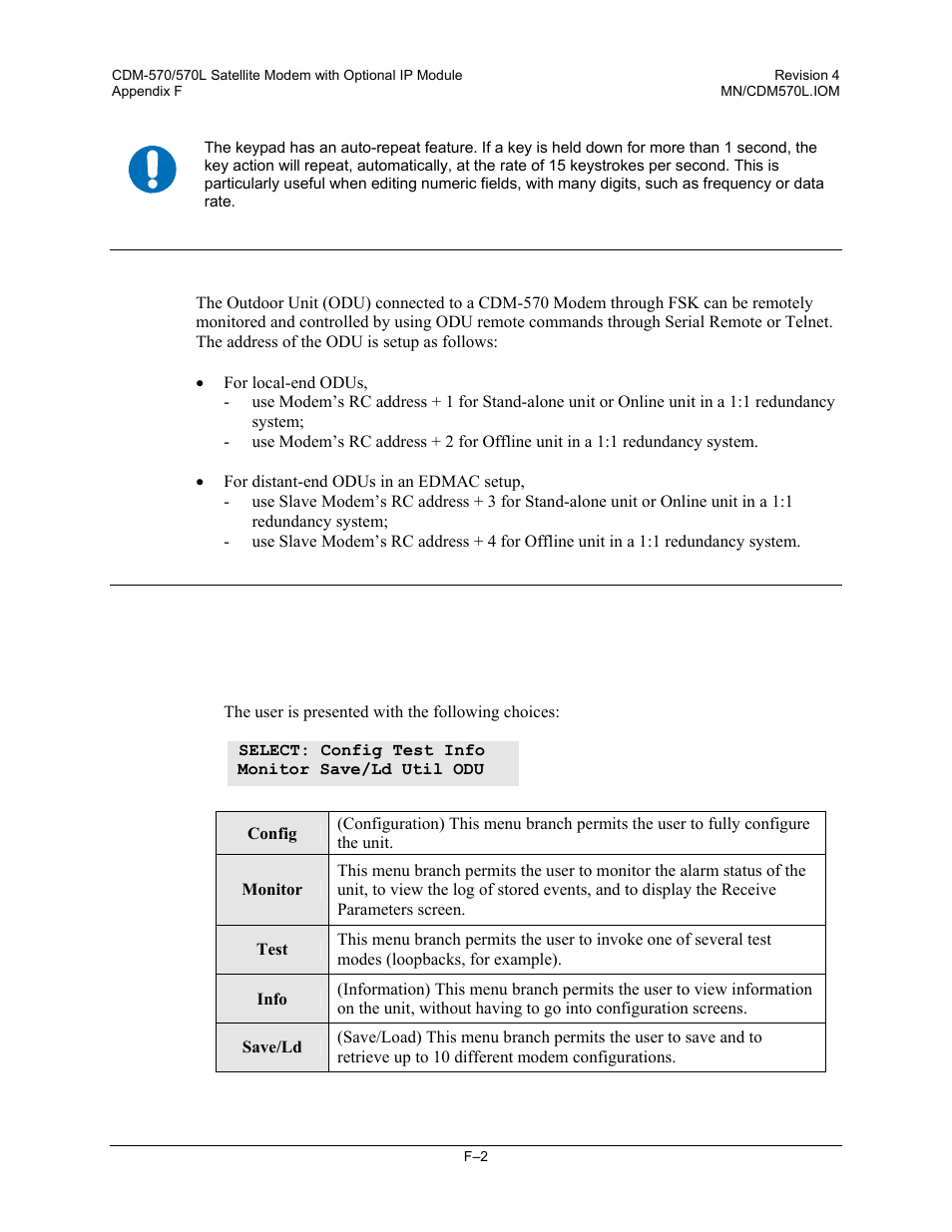 F.2 odu remote control address setup, F.3 menu trees, F.3.1 modem main menu | Mocomtech CDM-570 User Manual | Page 426 / 452