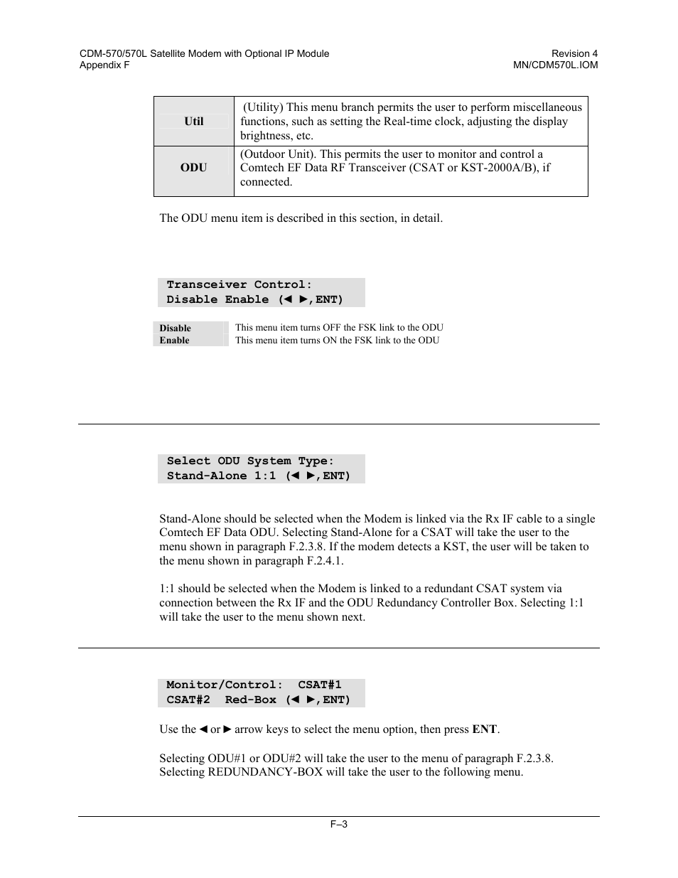 F.3.2 odu, F.3.3 csat transceiver menus, F.3.3.1 (odu,enable) system type | F.3.3.2 (odu,enable) 1:1 | Mocomtech CDM-570 User Manual | Page 427 / 452