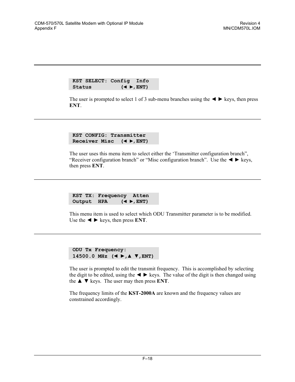 F.3.4 kst2000a/b menus, F.3.4.1 (odu,enable) selections, F.3.4.2 (odu,enable) config (configuration) | F.3.4.3 (odu,enable,config) transmitter, F.3.4.4 (odu,enable,config,transmitter) frequency | Mocomtech CDM-570 User Manual | Page 442 / 452