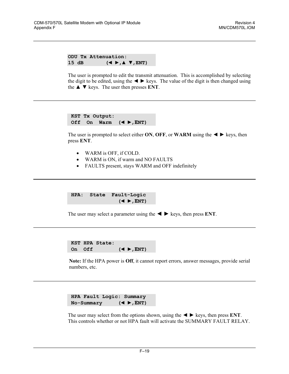 F.3.4.6 (odu,enable,config,transmitter) output, F.3.4.7 (odu,enable,config,transmitter) hpa, F.3.4.8 (odu, enable,config,transmitter) state | Mocomtech CDM-570 User Manual | Page 443 / 452