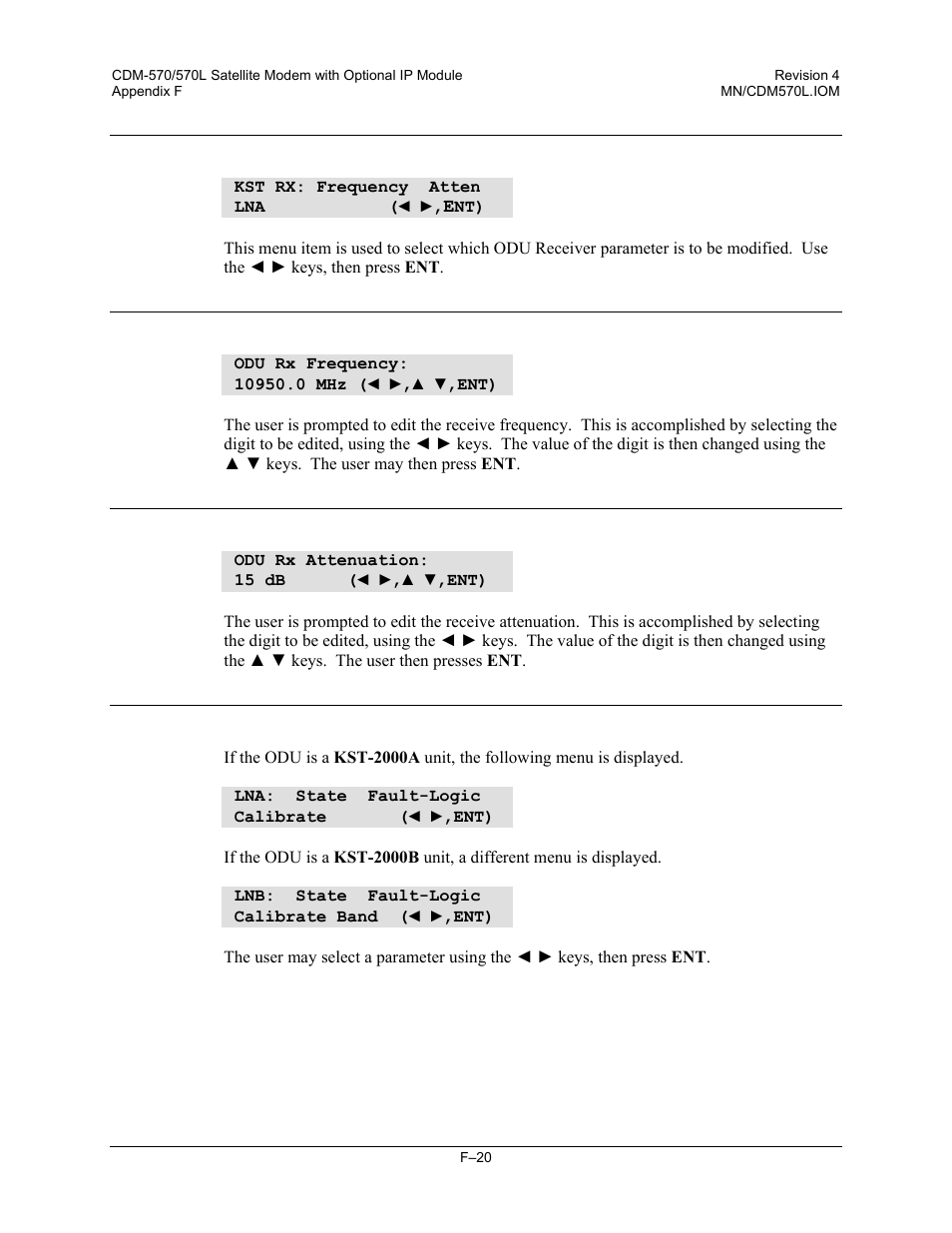 F.3.4.10 (odu,enable, config) receiver, F.3.4.11 (odu,enable, config,receiver) frequency, F.3.4.13 (odu,enable, config,receiver) lna / lnb | Mocomtech CDM-570 User Manual | Page 444 / 452