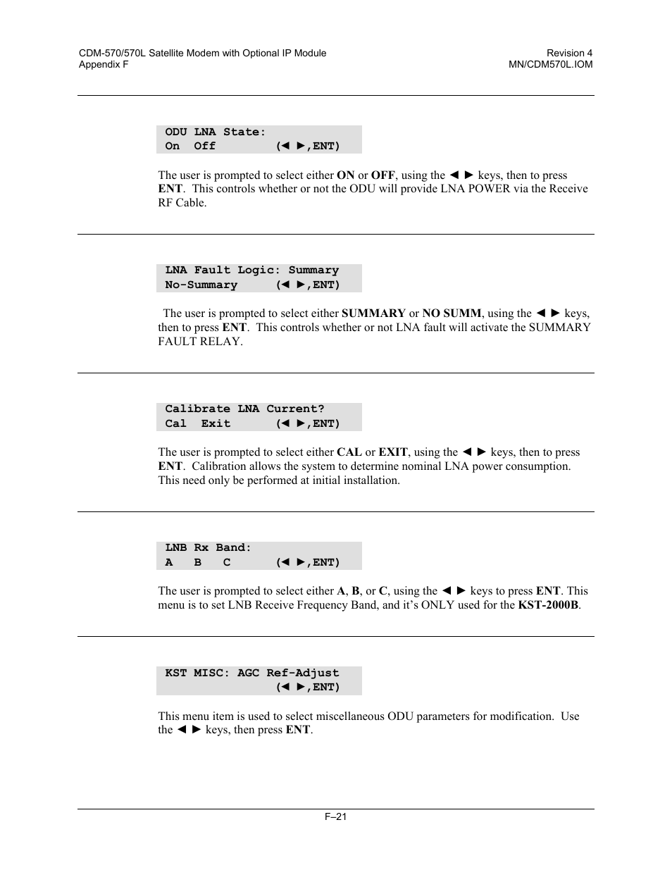 F.3.4.14 (odu,enable, config,receiver,lna) state, F.3.4.17 (odu,enable, config, receiver, lnb) band, F.3.4.18 (odu,enable, config) miscellaneous | Mocomtech CDM-570 User Manual | Page 445 / 452