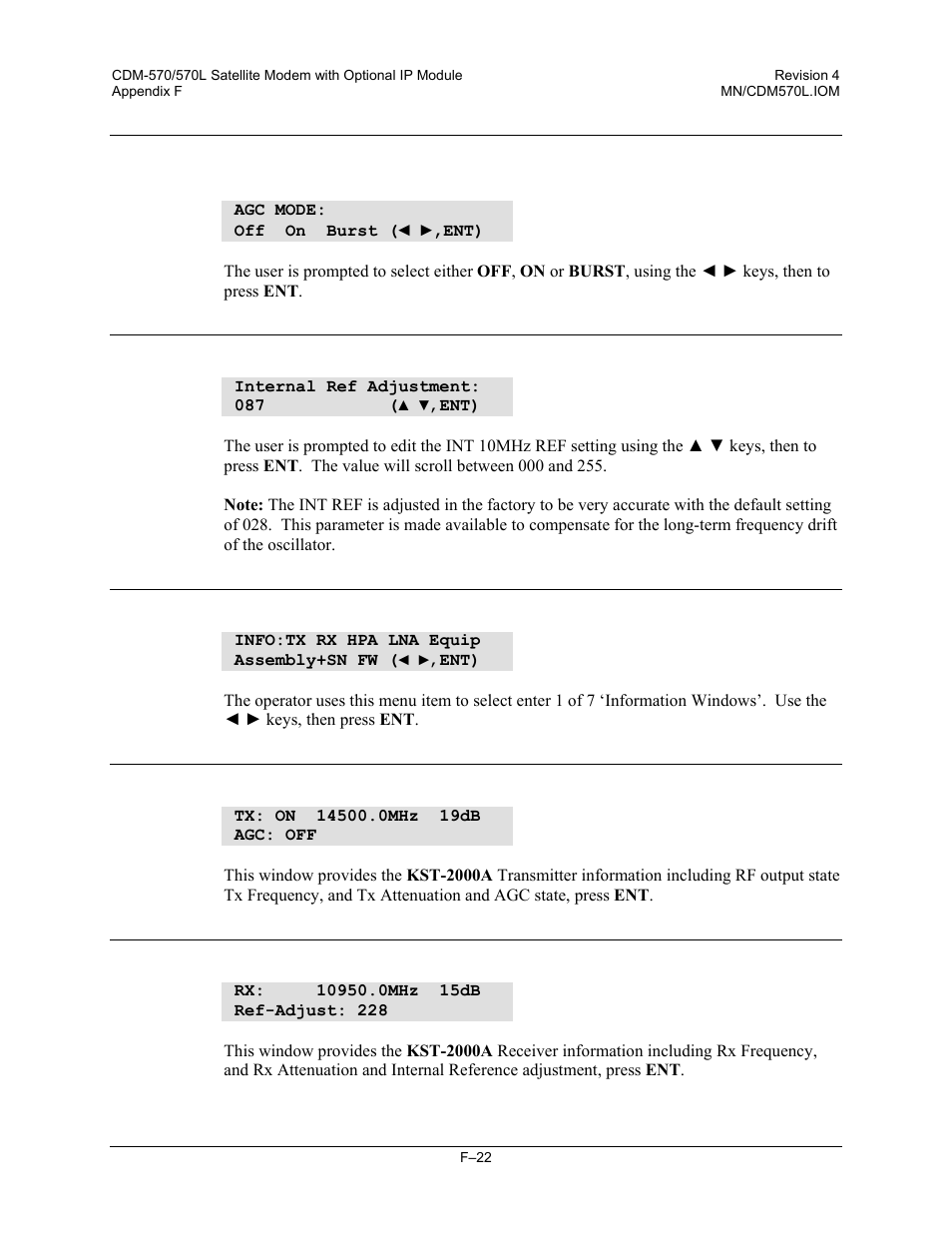 F.3.4.21 (odu,enable) info (information), F.3.4.22 (odu,enable,info) transmitter, F.3.4.23 (odu,enable, info) receiver | Mocomtech CDM-570 User Manual | Page 446 / 452