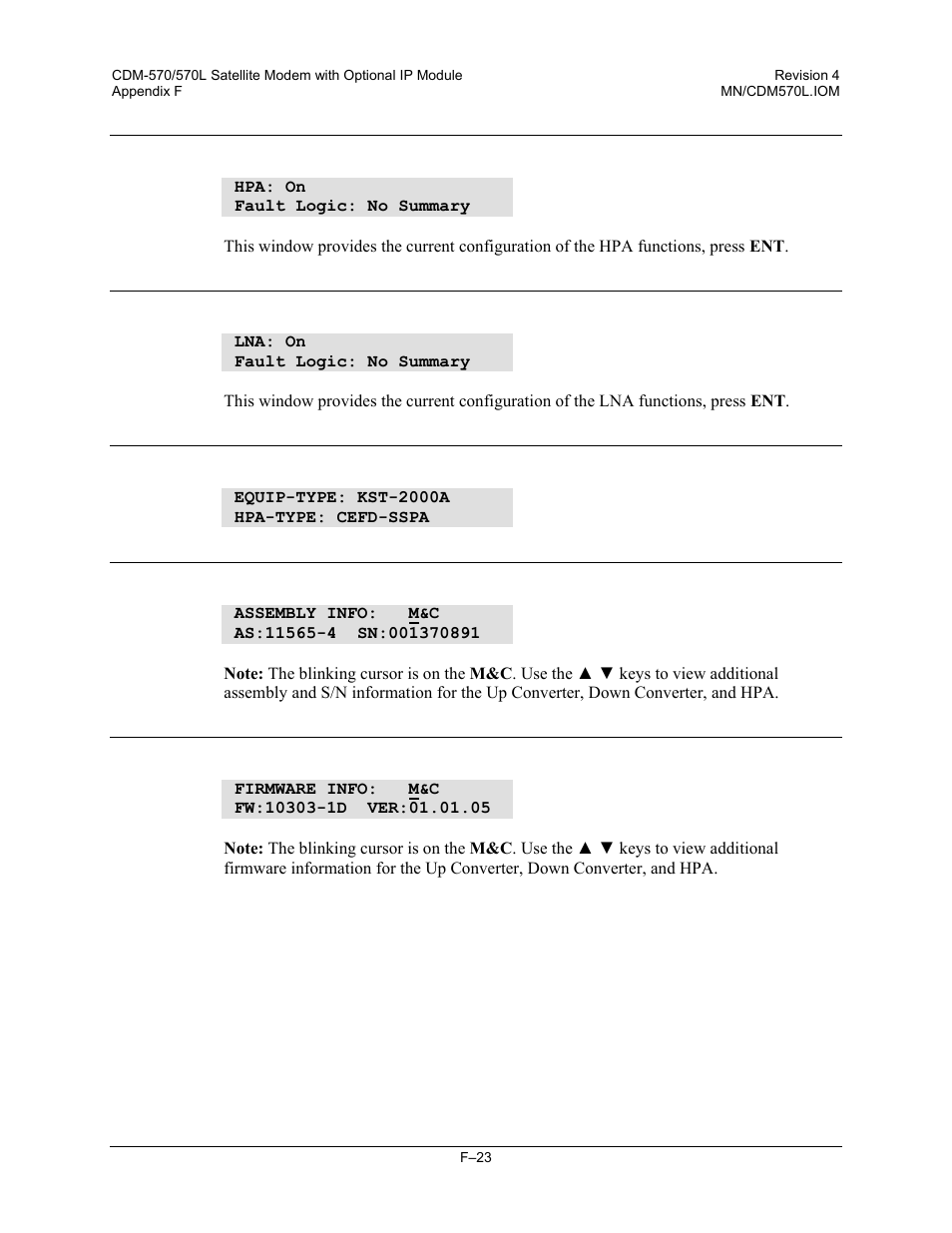 F.3.4.24 (odu,enable, info) hpa, F.3.4.25 (odu,enable, info) lna, F.3.4.26 (odu,enable,info) equip (equipment) | F.3.4.27 (odu,enable,info) assembly+sn, F.3.4.28 odu,enable,info) fw (firmware) | Mocomtech CDM-570 User Manual | Page 447 / 452