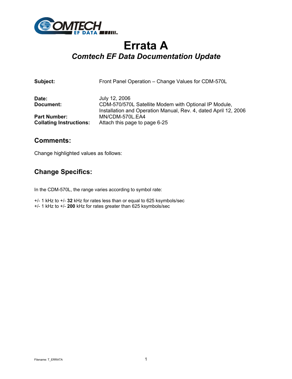 Errata a, Comtech ef data documentation update | Mocomtech CDM-570 User Manual | Page 57 / 452