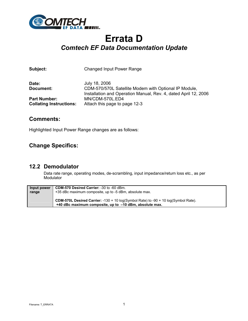 Errata d, Comtech ef data documentation update, Comments | Change specifics, 2 demodulator | Mocomtech CDM-570 User Manual | Page 63 / 452