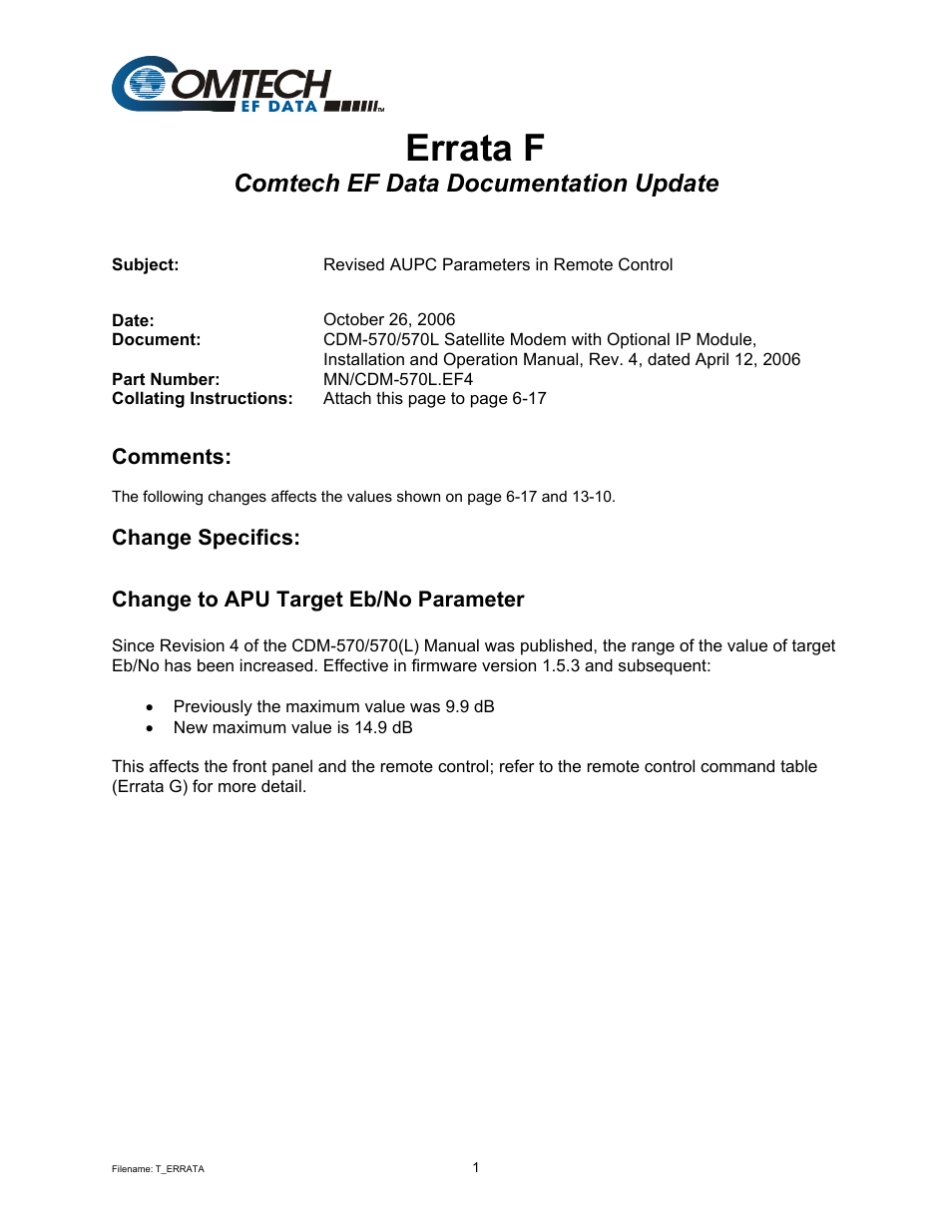 Errata f, Comtech ef data documentation update | Mocomtech CDM-570 User Manual | Page 67 / 452