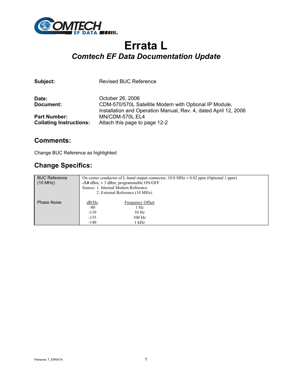 Errata l, Comtech ef data documentation update, Comments | Change specifics | Mocomtech CDM-570 User Manual | Page 77 / 452