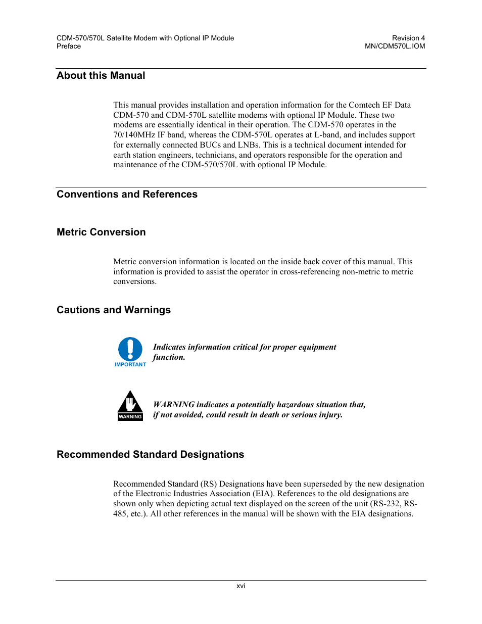 About this manual, Conventions and references, Metric conversion | Cautions and warnings, Recommended standard designations, Conventions and references metric conversion | Mocomtech CDM-570 User Manual | Page 94 / 452