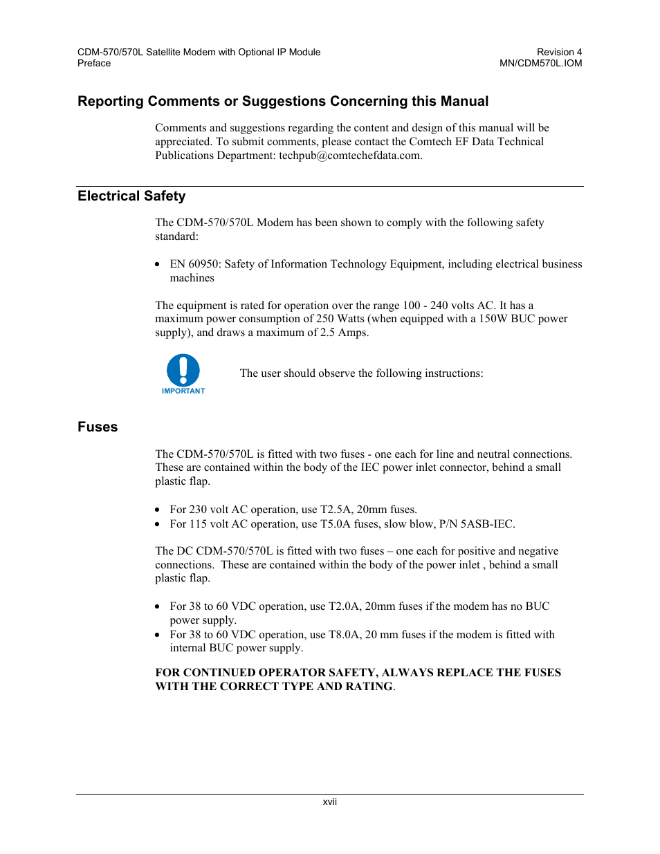 Electrical safety, Fuses, Xvii | Mocomtech CDM-570 User Manual | Page 95 / 452