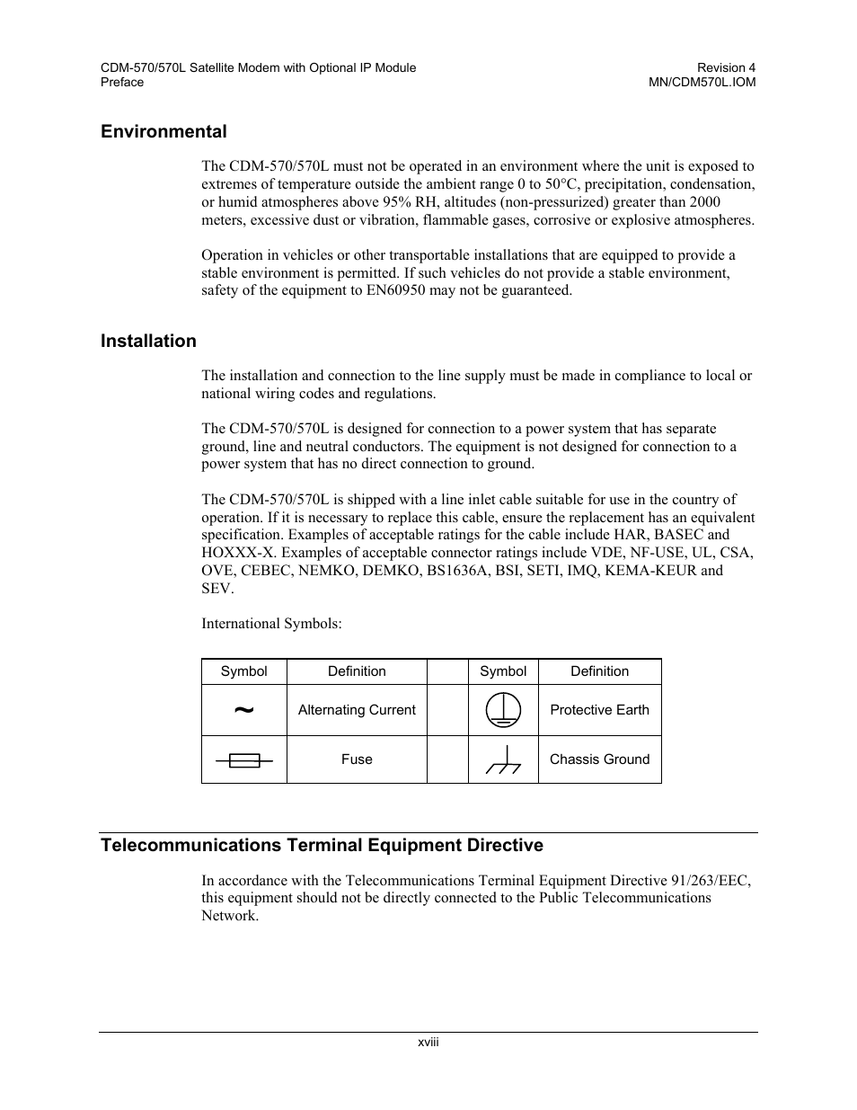 Environmental, Installation, Telecommunications terminal equipment directive | Xviii | Mocomtech CDM-570 User Manual | Page 96 / 452