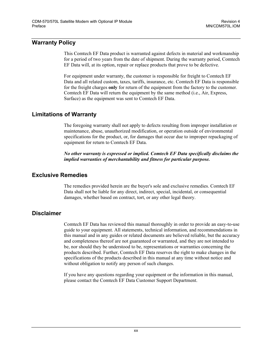 Warranty policy, Limitations of warranty, Exclusive remedies | Disclaimer | Mocomtech CDM-570 User Manual | Page 98 / 452