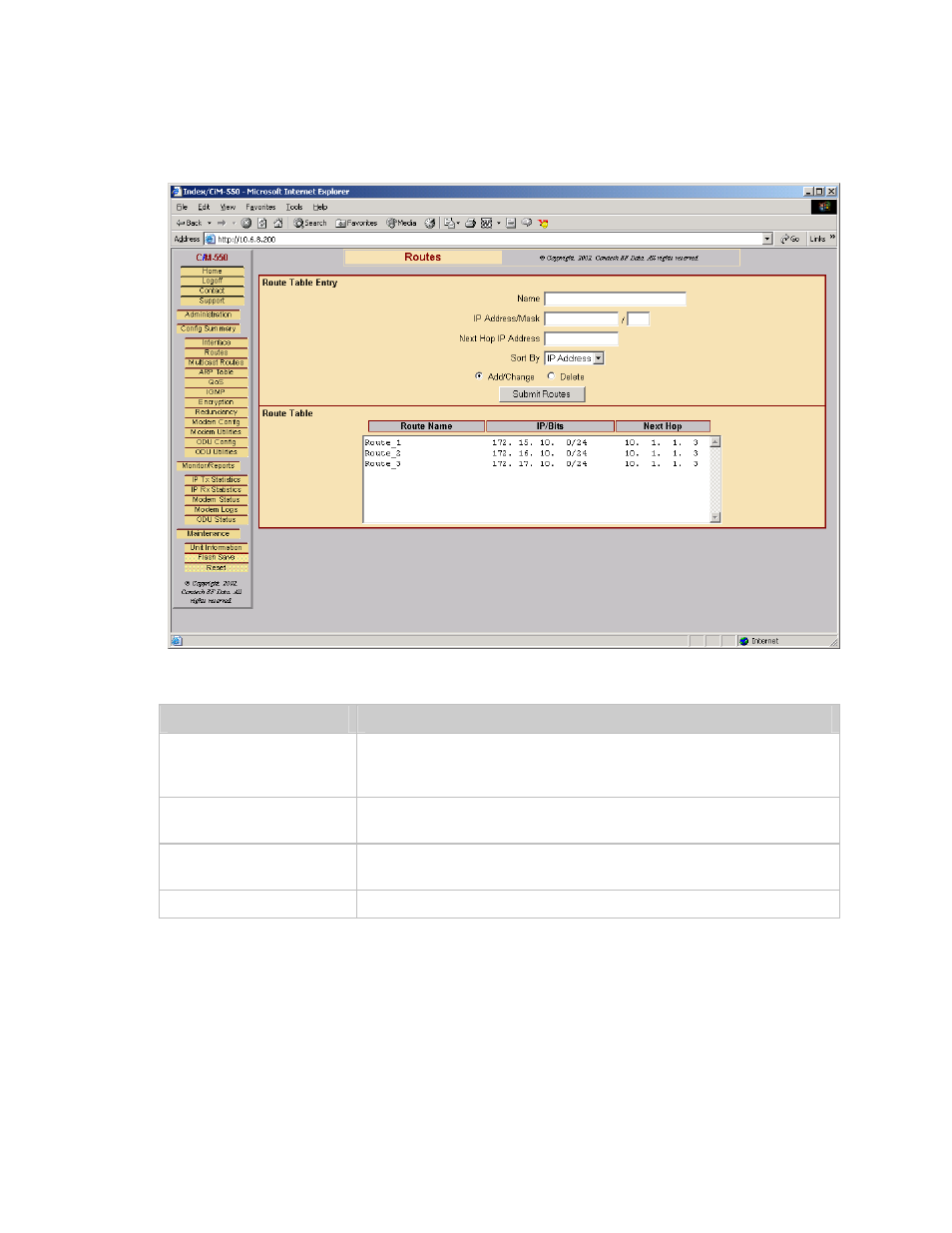 Table 12-4. routes configuration fields | Mocomtech CIM-550 User Manual | Page 214 / 460