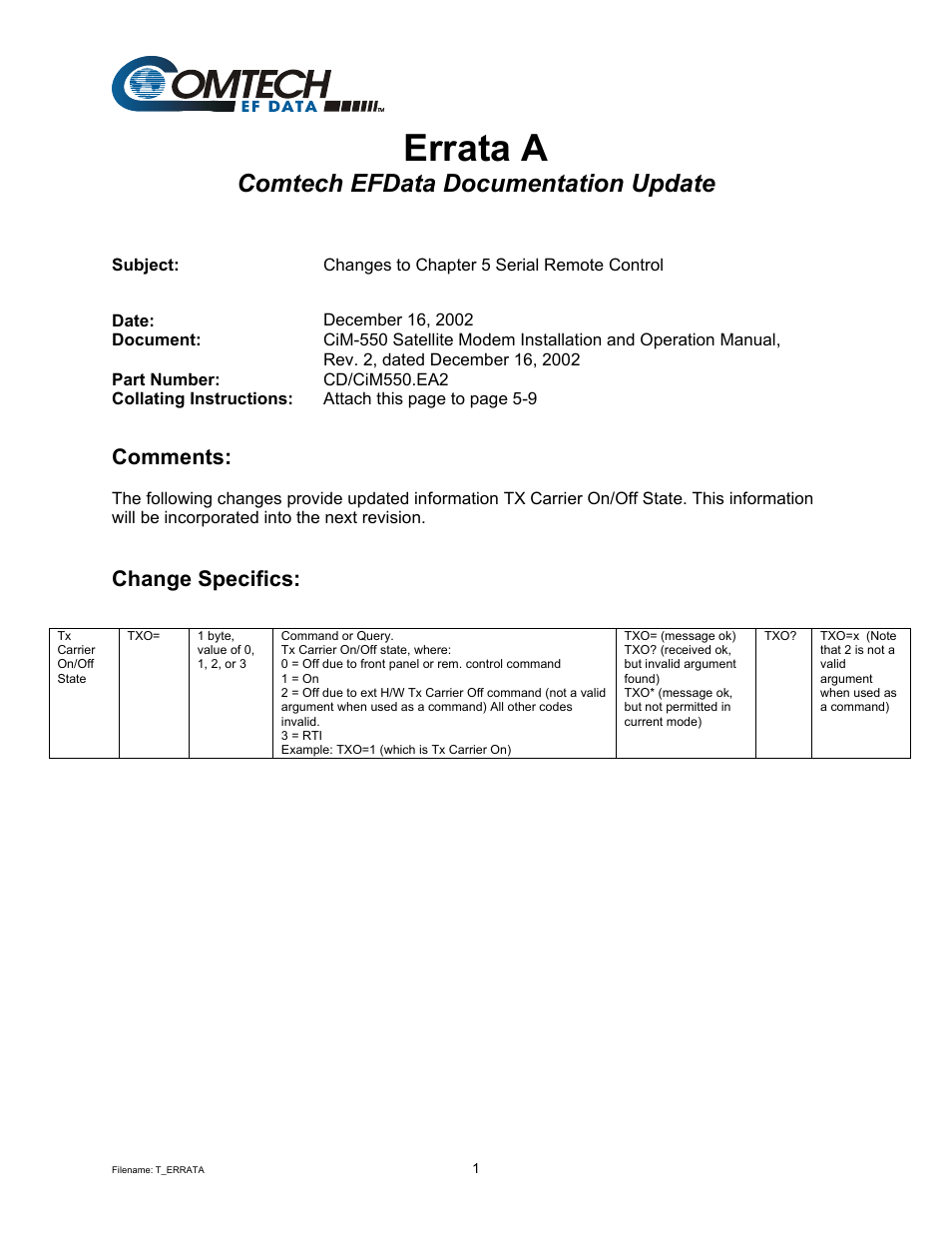 Errata a, Comtech efdata documentation update, Comments | Change specifics | Mocomtech CIM-550 User Manual | Page 3 / 460