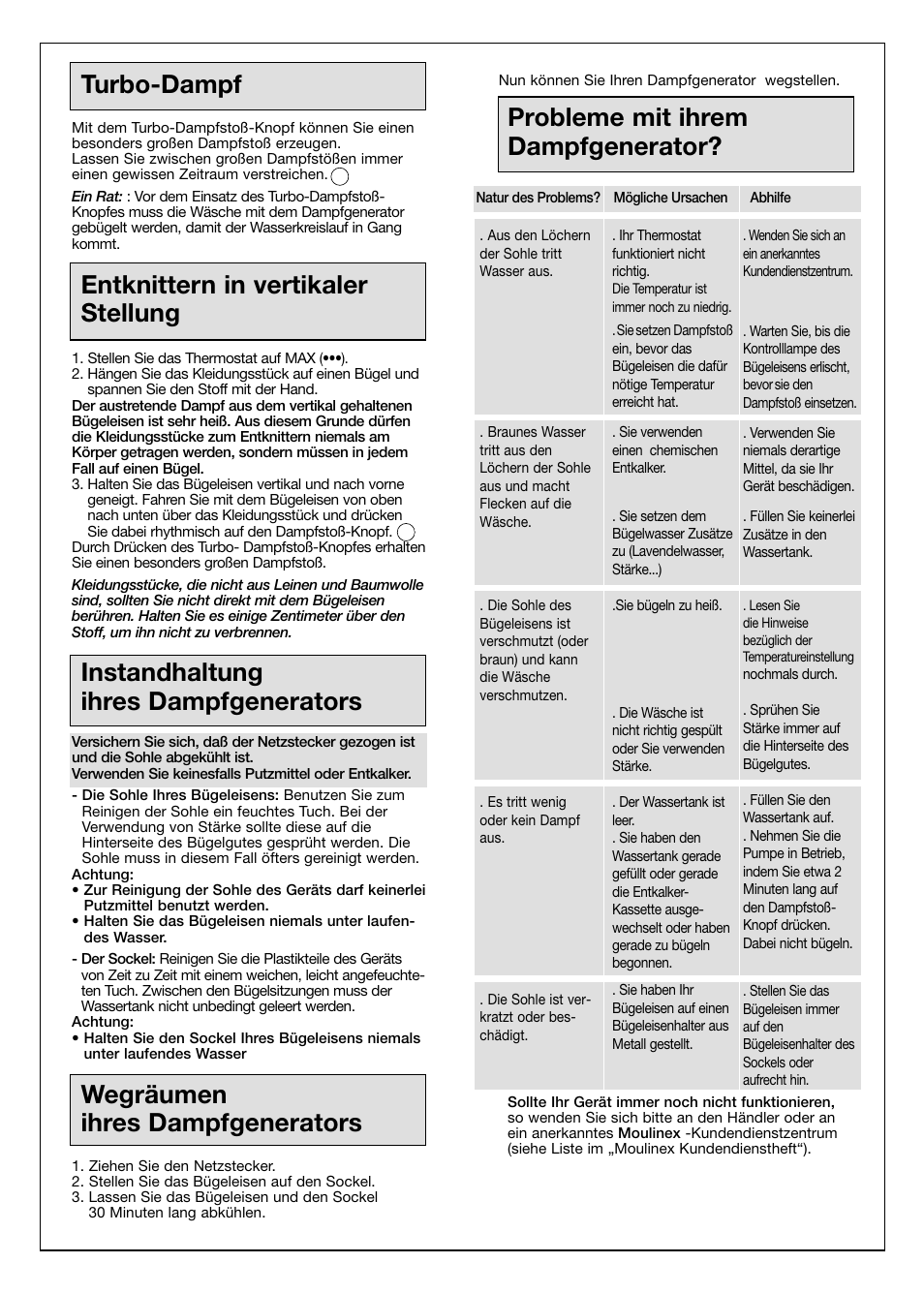 Turbo-dampf, Entknittern in vertikaler stellung, Instandhaltung ihres dampfgenerators | Wegräumen ihres dampfgenerators, Probleme mit ihrem dampfgenerator | Moulinex Aquaplus IRON User Manual | Page 10 / 28