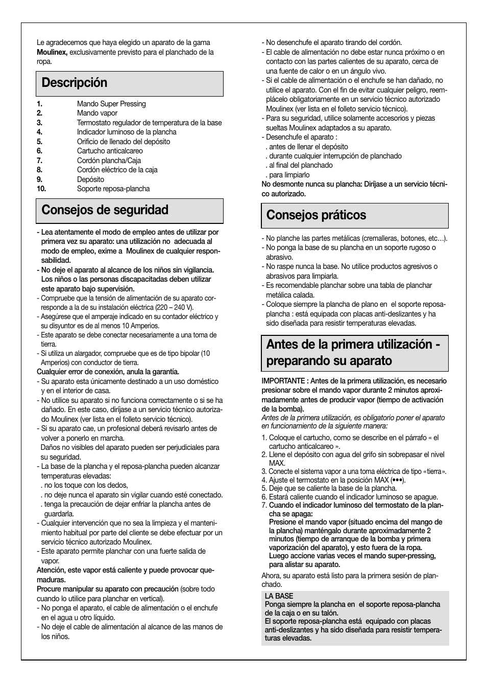 Descripción, Consejos de seguridad, Consejos práticos | Moulinex Aquaplus IRON User Manual | Page 11 / 28