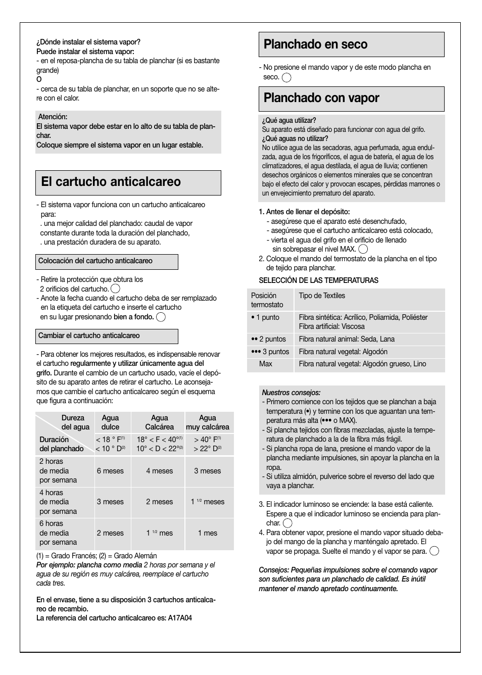 El cartucho anticalcareo, Planchado en seco, Planchado con vapor | Moulinex Aquaplus IRON User Manual | Page 12 / 28