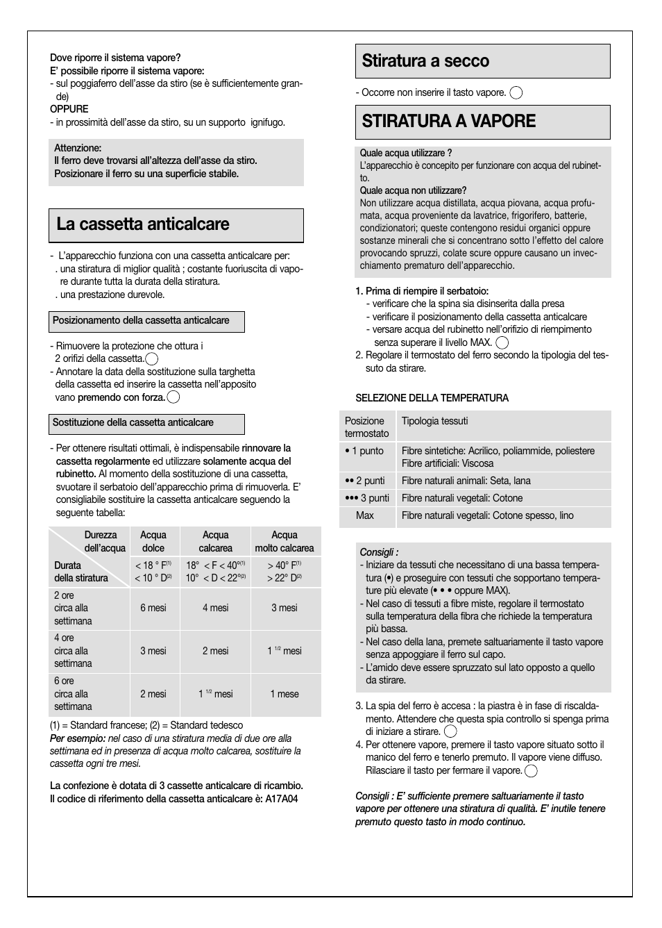 La cassetta anticalcare, Stiratura a secco, Stiratura a vapore | Moulinex Aquaplus IRON User Manual | Page 15 / 28