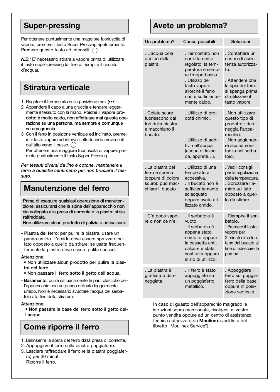 Super-pressing, Stiratura verticale, Manutenzione del ferro | Come riporre il ferro, Avete un problema | Moulinex Aquaplus IRON User Manual | Page 16 / 28