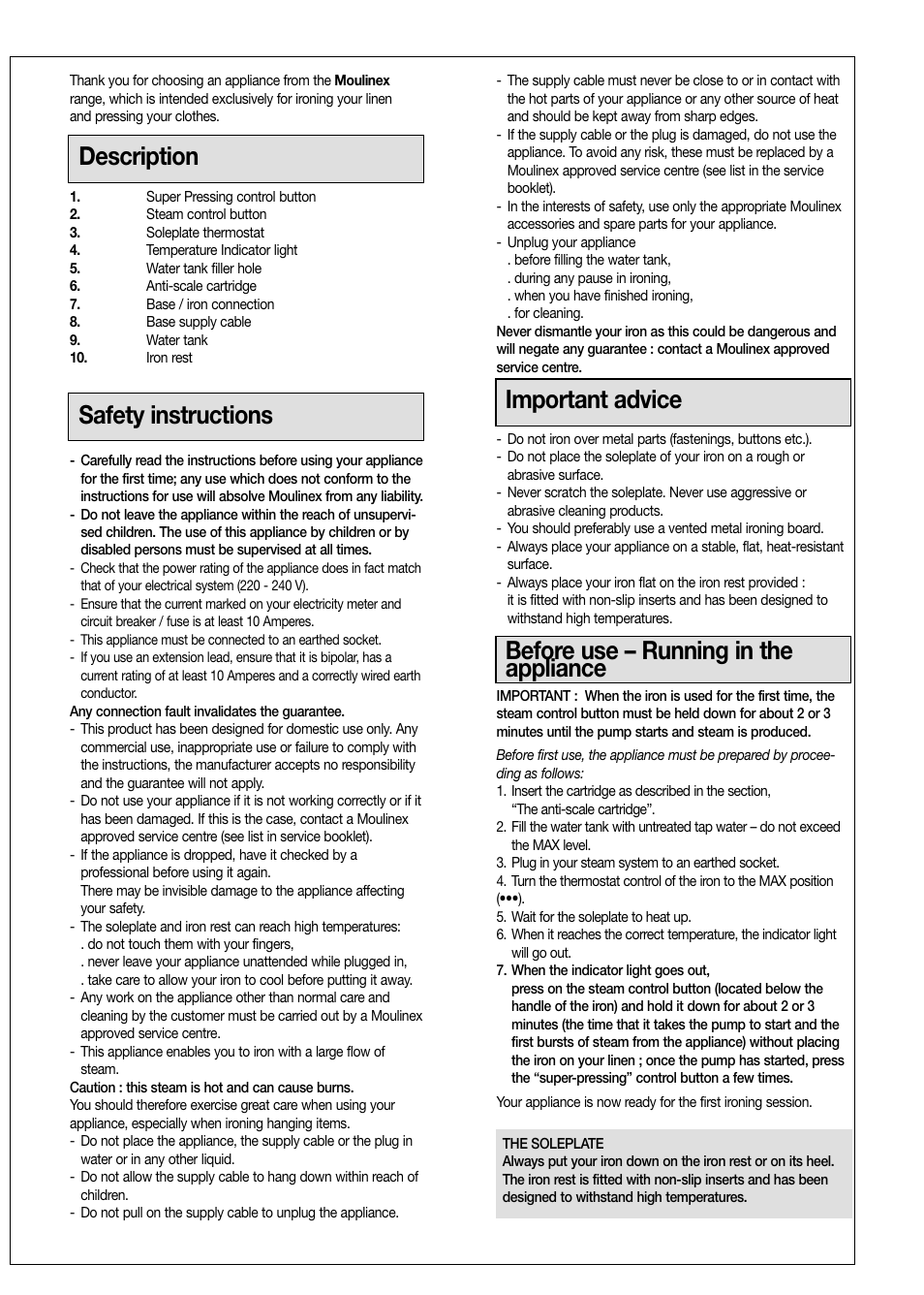 Description, Safety instructions, Important advice | Before use – running in the appliance | Moulinex Aquaplus IRON User Manual | Page 17 / 28