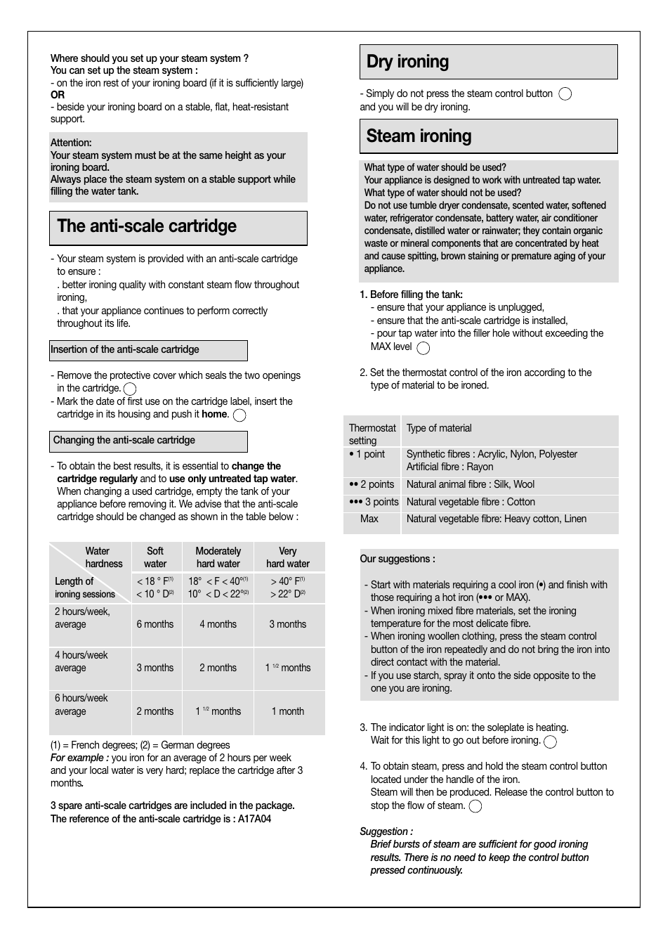 The anti-scale cartridge, Dry ironing, Steam ironing | Moulinex Aquaplus IRON User Manual | Page 18 / 28