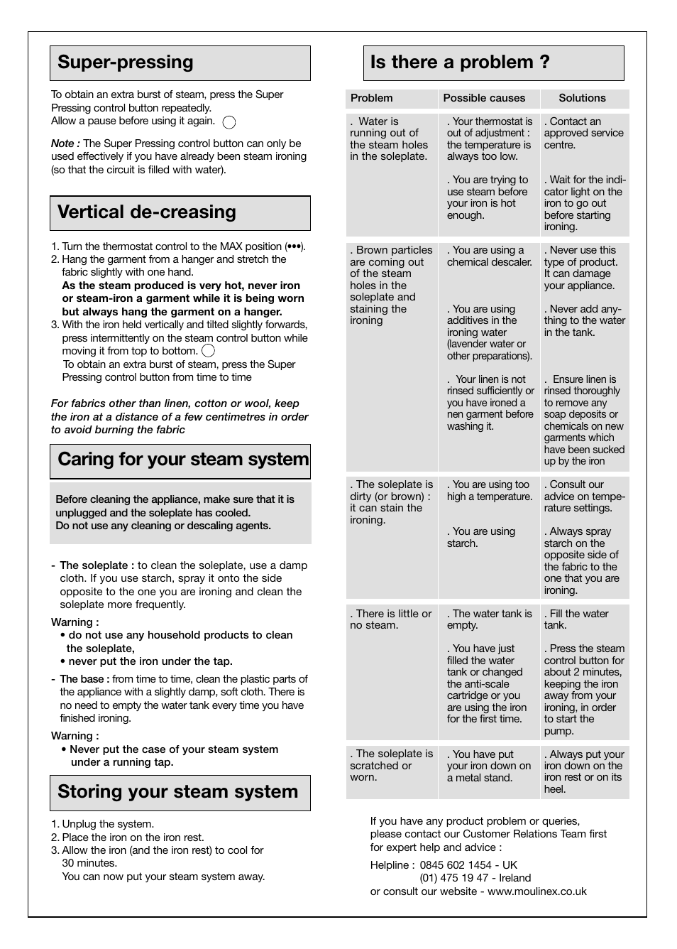 Super-pressing, Vertical de-creasing, Caring for your steam system | Storing your steam system, Is there a problem | Moulinex Aquaplus IRON User Manual | Page 19 / 28